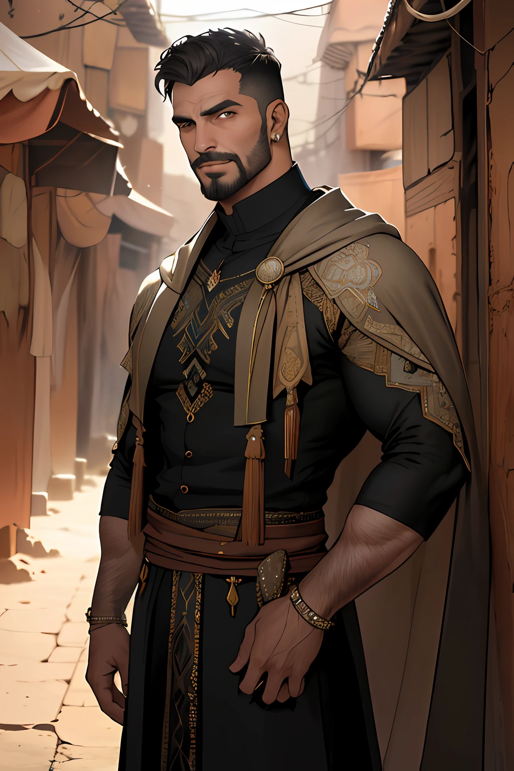 Best quality, masterpiece, ghost of marrakesh, manipulate sand with hand, ultra high res,detailed background,realistic,hadesstyle,solo,male,mature,bara,muscular,mature male,short hair,facial hair, arabe guy, wear arabian clothing, old marakesh alley, \(theme\),dark fantasy,evil,cape,depth of field
