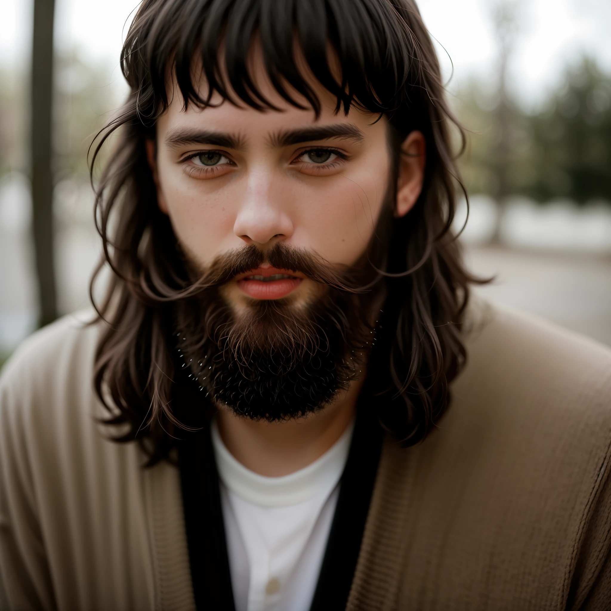 RAW photo, absurdres, high quality, photorealistic,
detailed and realistic portrait of a man with a (beard:1.2), short black hair, pale skin, sharp eyes and short messy hair, outdoors, wearing a sweater, staring at camera, chapped lips,
soft natural lighting, portrait photography, magical photography, dramatic lighting, photo realism, ultra-detailed, intimate portrait composition, Leica 50mm, f1. 4, 8k uhd, dslr, film grain, Kodacolor Gold 100, Canon Powershot, detailed, sepia