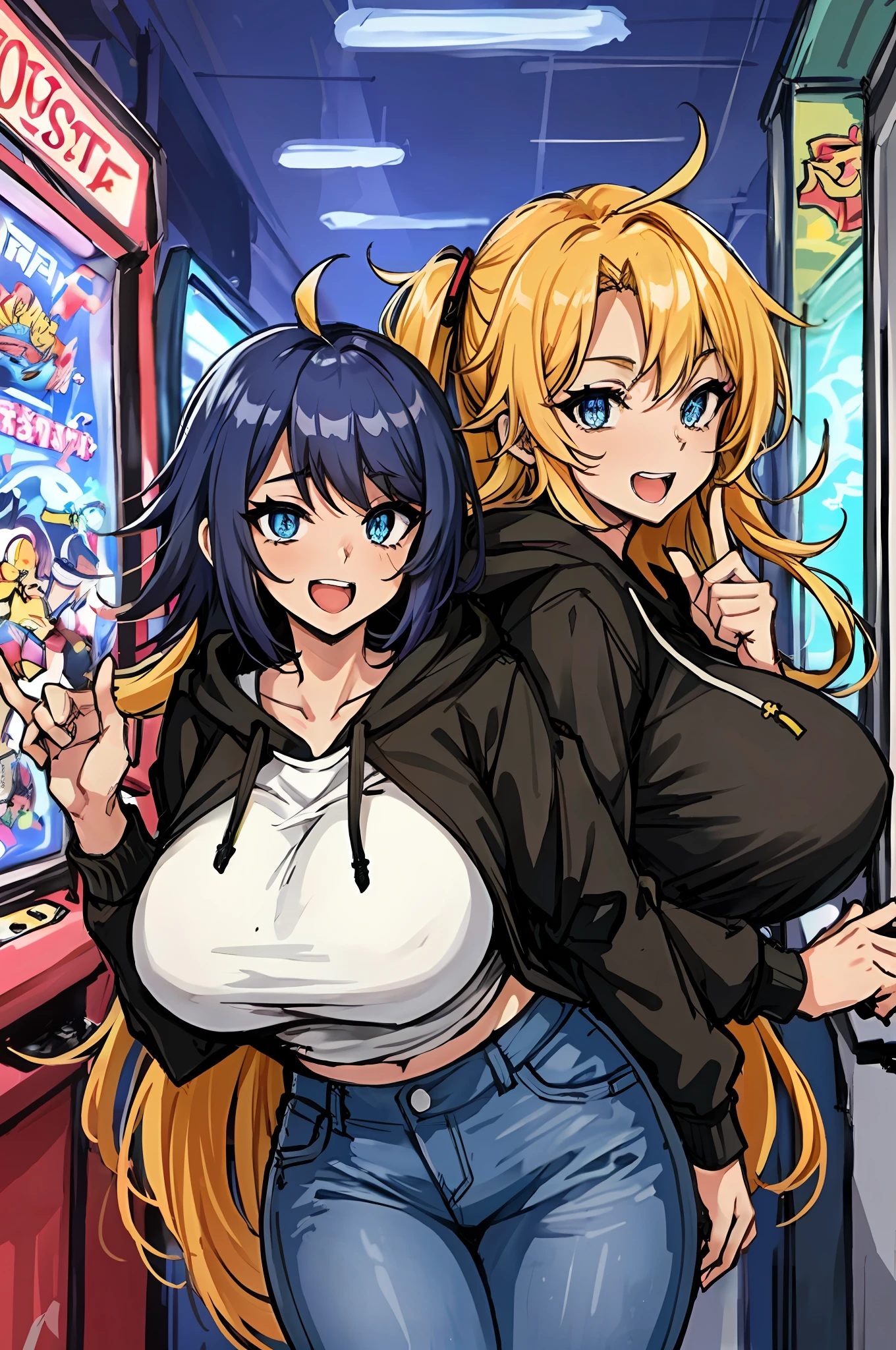 2heads, a short chubby woman with 2 heads. She has enormous breasts. She has messy hair. She looks nerdy. She is wearing a baggy hoodie and jeans. She is in an arcade that is only lit by arcade games. She looks excited. Her breasts are gigantic. 2 heads. Conjoined, two heads.