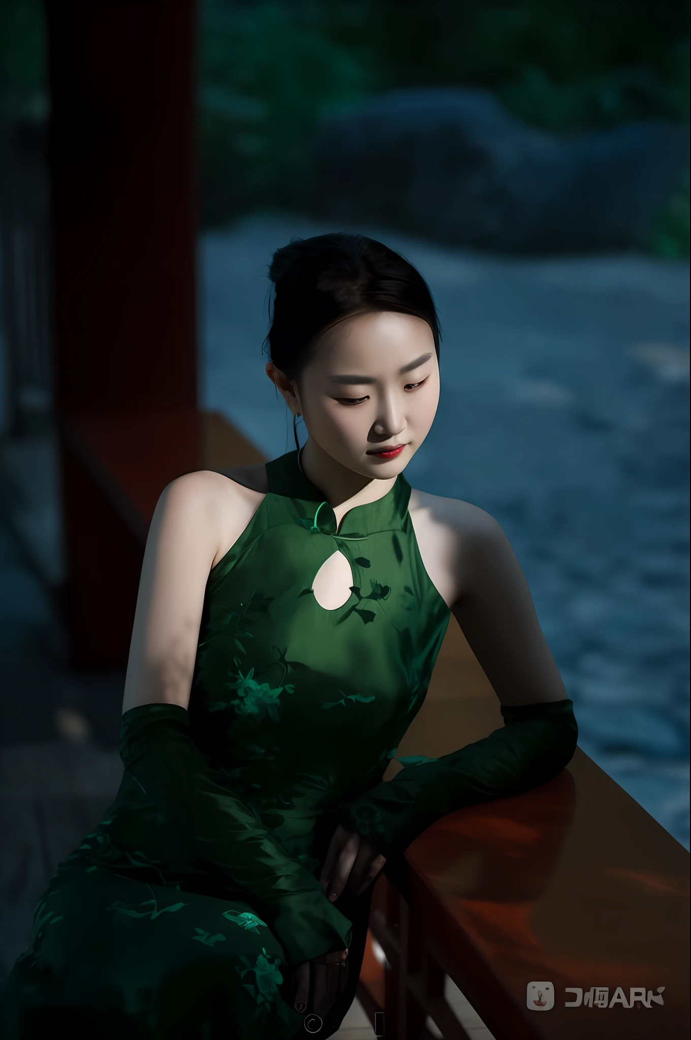 Araki woman in a green dress sits on a wooden bench, Zhang Jingna, Cheongsam, Chinese woman, inspired by Xu Xi, xue han, shaxi, cover photo portrait of du juan, inspired by Zhang Shuqi, Inspired by Gao Qipei, inspired by Zhang Yan, Inspired by Dai Xi, Portrait shooting, inspired by Zhou Wenjing