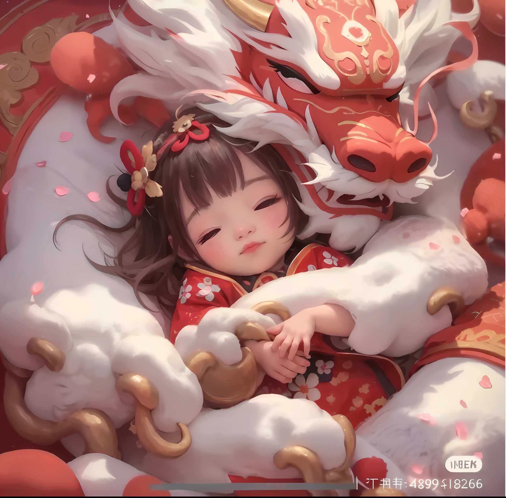 Chinese baby girl in Tang costume , There is a bunch of furry rabbit ears on the head，Lying in the arms of a big rabbit , Be surrounded by colorful auspicious clouds and stars , in the style of realistic and hyper detailed renderings , kawaii , zbrush , hyper - realistic oil , contour shadow . mother of pearl iridescent , Holographic white , Realism