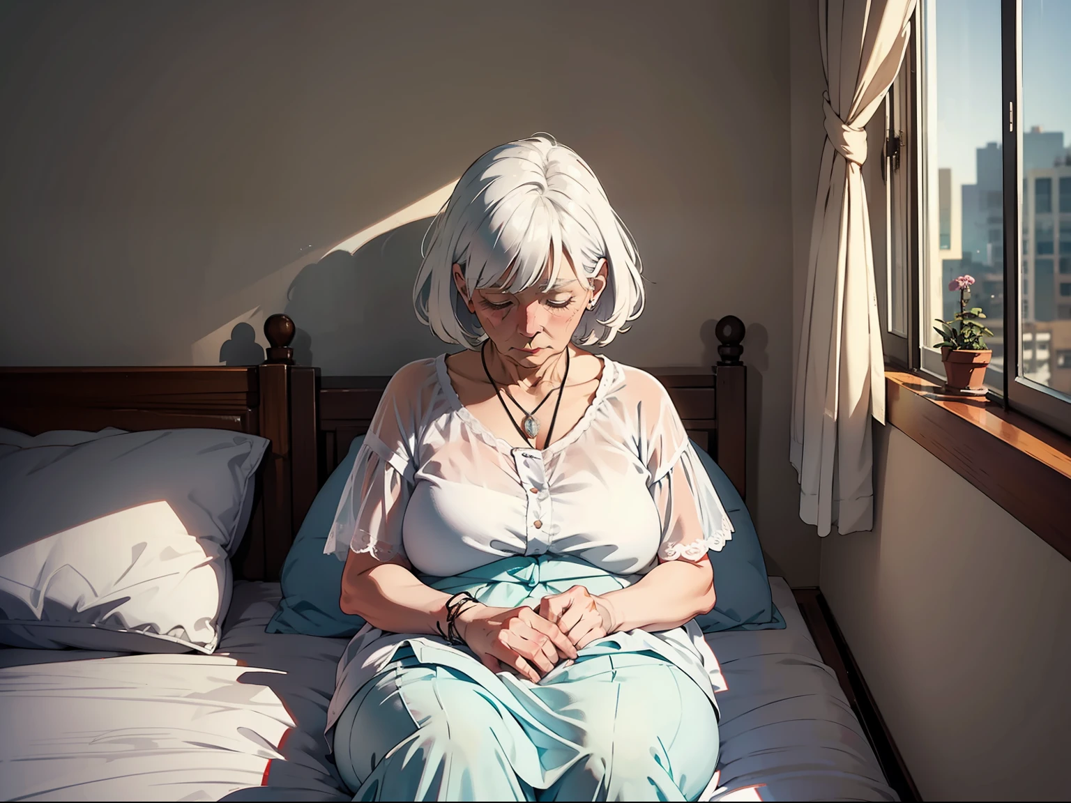 A white-haired grandmother fell asleep in bed，Shabby room with background