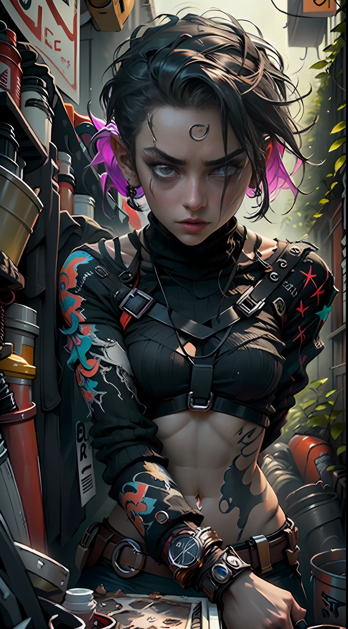 ((Best quality)), ((masterpiece)), (highly detailed:1.3), 3D, arcane style,In the dark and gritty dystopian city Piltover, plagued by violence and divided into two opposing factions, a young prodigy named Wonder Woman . Having endured unimaginable loss and abandonment, she has embraced a life of chaos and destruction. Known for her inventive and explosive abilities, Jinx becomes an icon of rebellion against the oppressive forces controlling the city. However, haunted by guilt and battling inner demons, she must confront her past and decide whether to continue down the path of anarchy or seek redemption amidst the turmoil. Explore the journey of Jinx as she navigates a treacherous world, fighting for survival, unraveling secrets, and discovering the true meaning of her twisted existencechaos reigns supreme, and at the heart of it all is Jinx, the embodiment of unpredictability. Delve deep into the twisted mind of Jinx, exploring the origins of her madness and the driving force behind her destructive nature. Unveil the moments that shaped her into the deranged and iconic character we know. Take us on a wild journey through the vibrant streets of Piltover and the grim underbelly of Zaun as Jinx wreaks havoc with her explosive arsenal. Can redemption ever find its way into Jinx's fractured soul? Or will she forever dance on the edge of sanity, embracing the chaos that fuels her very existence? The fate of Arcane hangs in the balance as Jinx's path intertwines with unlikely allies and formidable foes. Ignite your imagination and paint a vivid portrait of Jinx's twisted psyche, capturing the essence of her madness and the untamed spirit that defines her,HDR (High Dynamic Range),Ray Tracing,NVIDIA RTX,Super-Resolution,Unreal 5,Subsurface scattering,PBR Texturing,Post-processing,Anisotropic Filtering,Depth-of-field,Maximum clarity and sharpness,Multi-layered textures,Albedo and Specular maps,Surface shading,Accurate simulation of light-material interaction,Perfect proportio