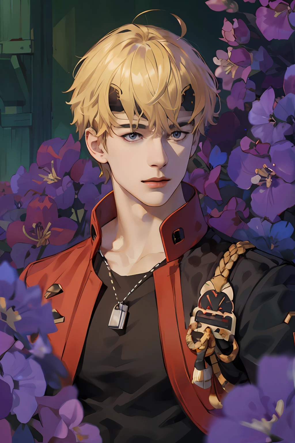 extremely delicate and beautiful, Amazing, finely detail, masterpiece, ultra-detailed, highres,best illustration, best shadow,intricate,sharp focus, high quality, 1 male solo, handsome, broad shoulders, ((blond hair)), red and black jacket, black hairband, standing on a bridge, sunrise, purple flowers