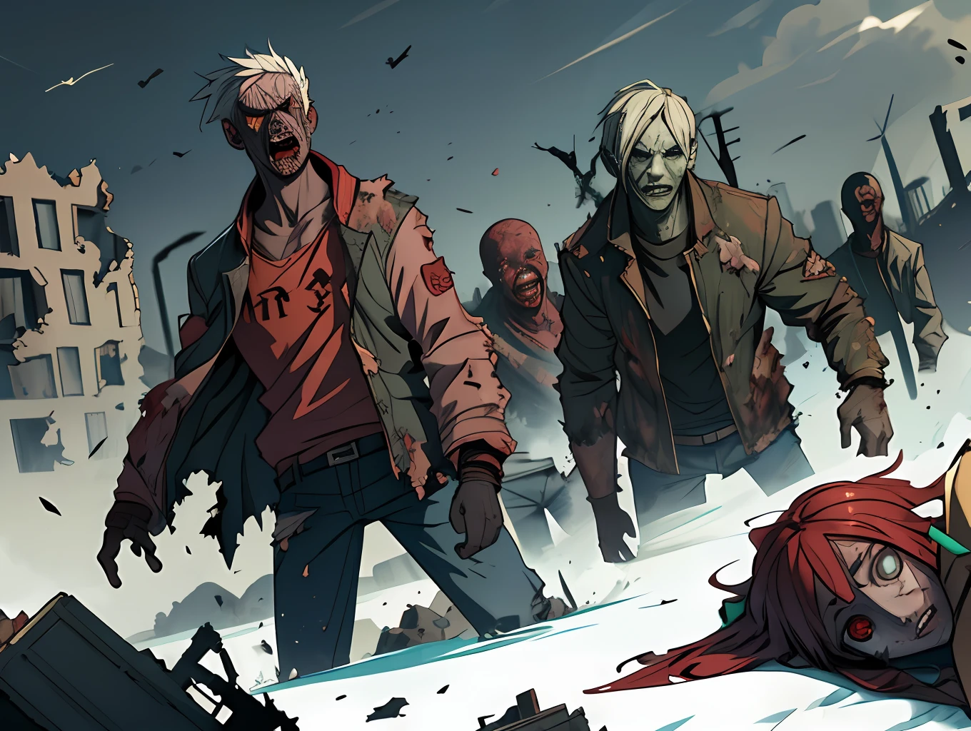 (best qualtiy, tmasterpiece), The destroyed city is full of zombies