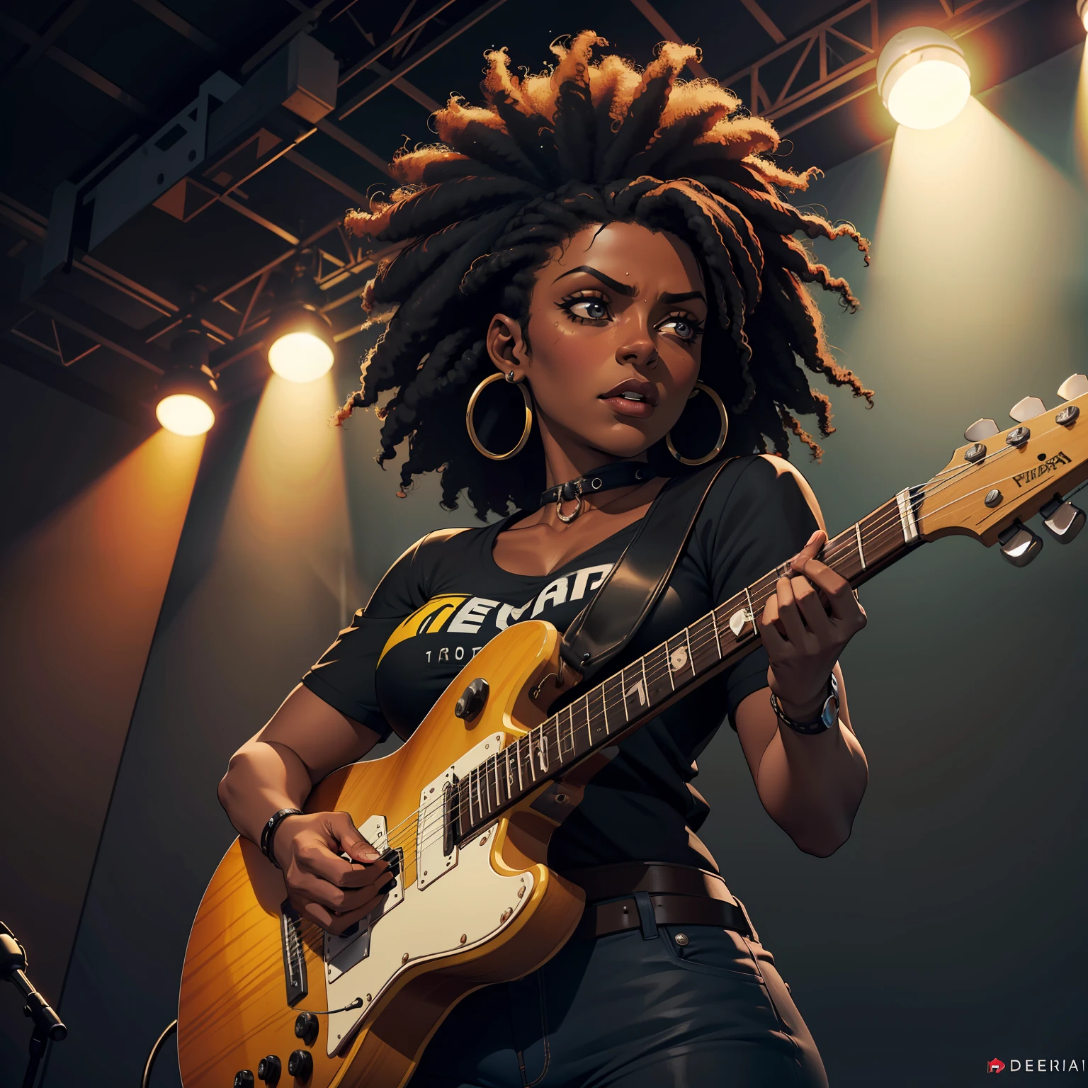 (papel de parede 8k extremamente detalhado), tema escuro, terror moderno, anos 2020, (((1mulher negra de pele escura))), pele negra, negra, meia idade, cabelo afro hair longo, bonita, elegante, wearing music clothes, foco nítido, (subsurface scatter:1.1), fotografia premiada, rosto centralizado, foto realista, tiro de meio corpo:1.1, olhos sobrenaturais, expression deep sadness, no palco de show com guitarra, lighting dramatic
