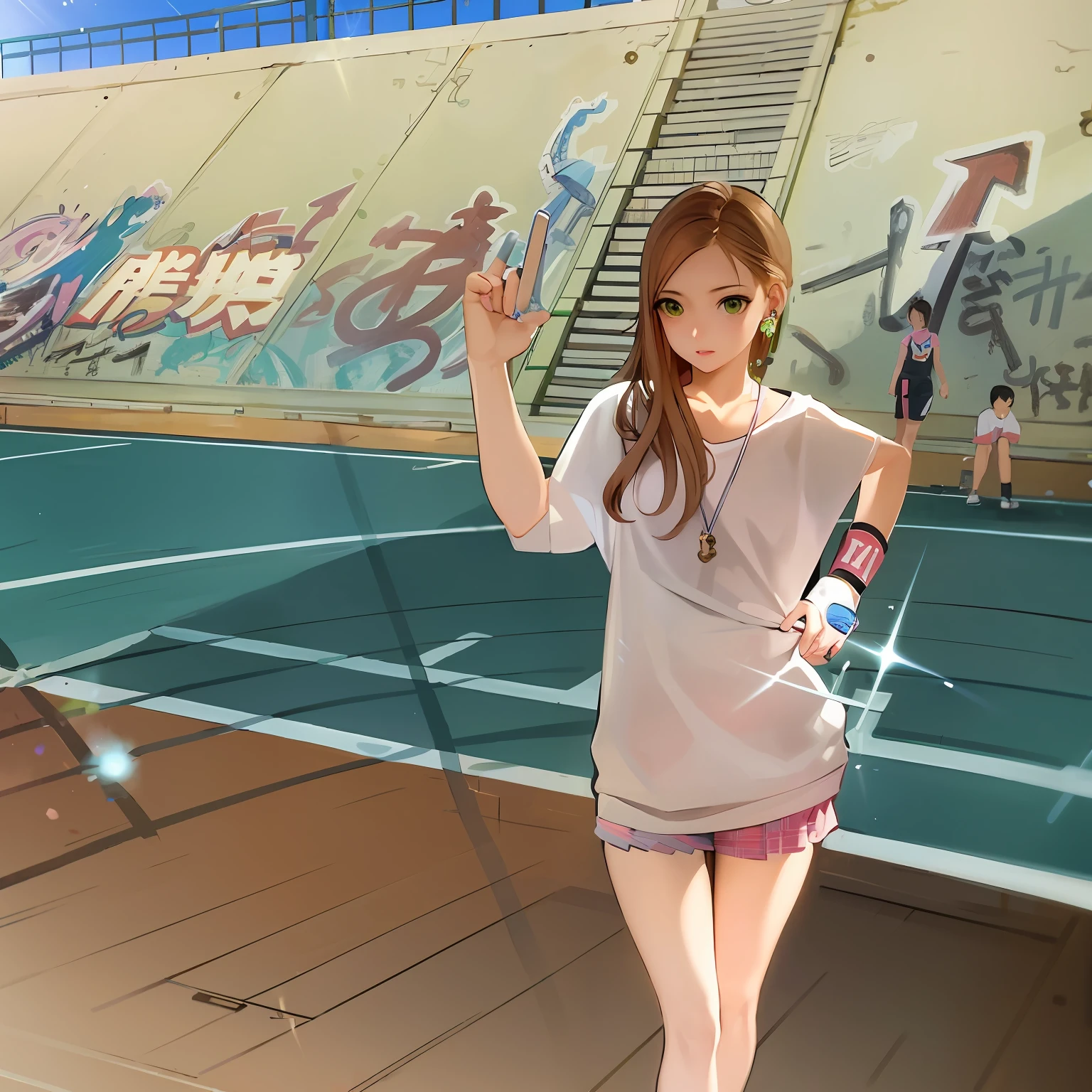 Anime girl on basketball court, urban girl fanart, Smooth anime CG art, volley court background, drawn in anime painter studio, attractive anime girls, Realistic anime 3 D style, Beautiful Anime High School Girls, visual novels CG, Guviz-style artwork, anime visual of a cute girl, realistic anime style at pixiv,large anime eyes,the golden ratio,messy hair,Long hair flutters in the wind,Extremely detailed, Intricate,,mediuml breasts,Chest symmetry,Long hair shawl,Green star earrings,perfect hand,5 fingers,8k,best qualtiy,tmasterpiece:1.2),(realisticlying,realisticlying:1.37),ultra - detailed,best qualtiy,超高分辨率,profesional lighting,photon maping,Radio City,physically-based renderingt,cinmatic lighting,basketball playground,depth of fields,Clear focus,rays of sunshine,Good composition,(bokeh:1.2) 1girl,solo,(full bodyesbian),