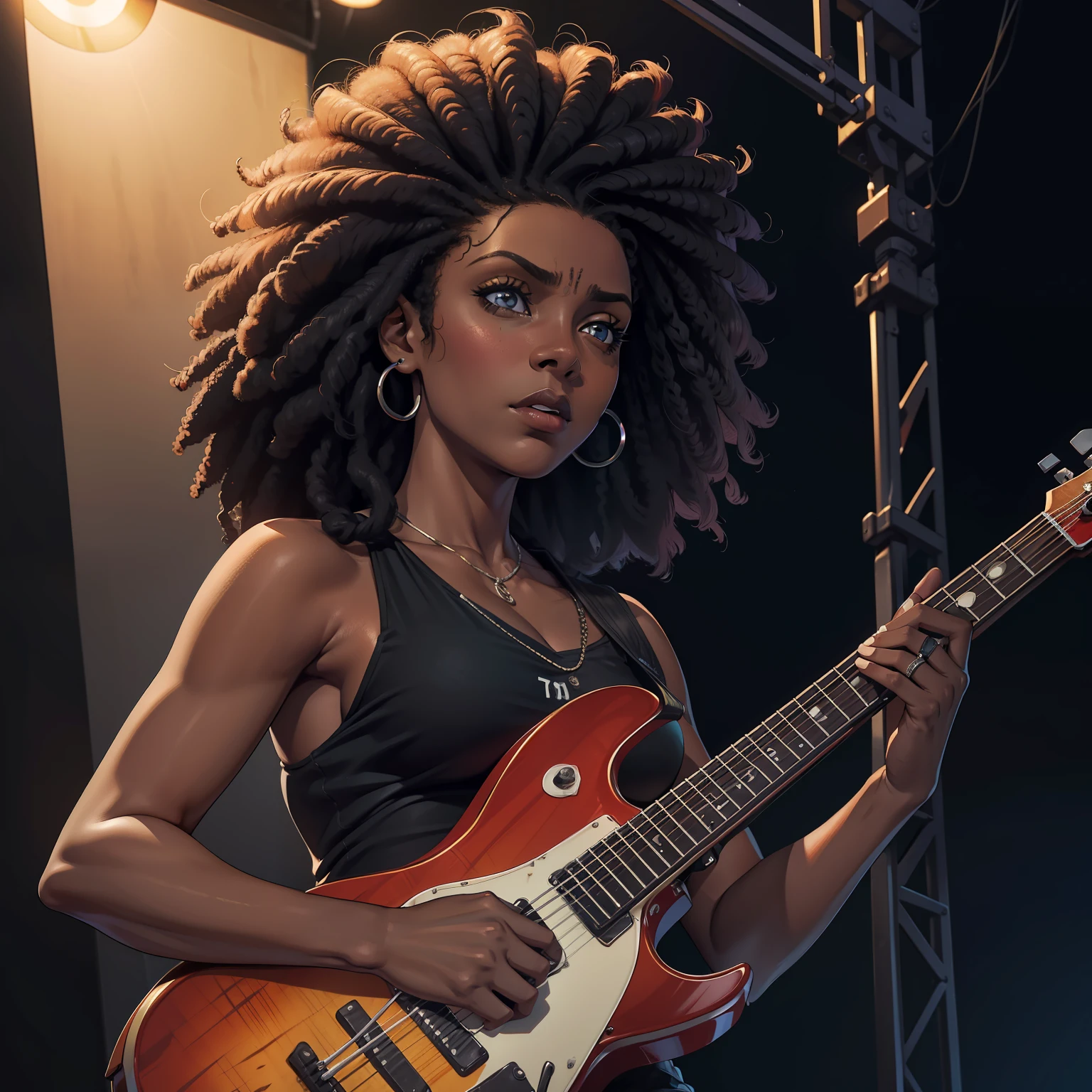 (papel de parede 8k extremamente detalhado), tema escuro, terror moderno, anos 2020, (((1mulher negra de pele escura))), pele negra, negra, meia idade, cabelo afro hair longo, bonita, elegante, wearing music clothes, foco nítido, (subsurface scatter:1.1), fotografia premiada, rosto centralizado, foto realista, tiro de meio corpo:1.1, olhos sobrenaturais, expression deep sadness, no palco de show com guitarra, lighting dramatic