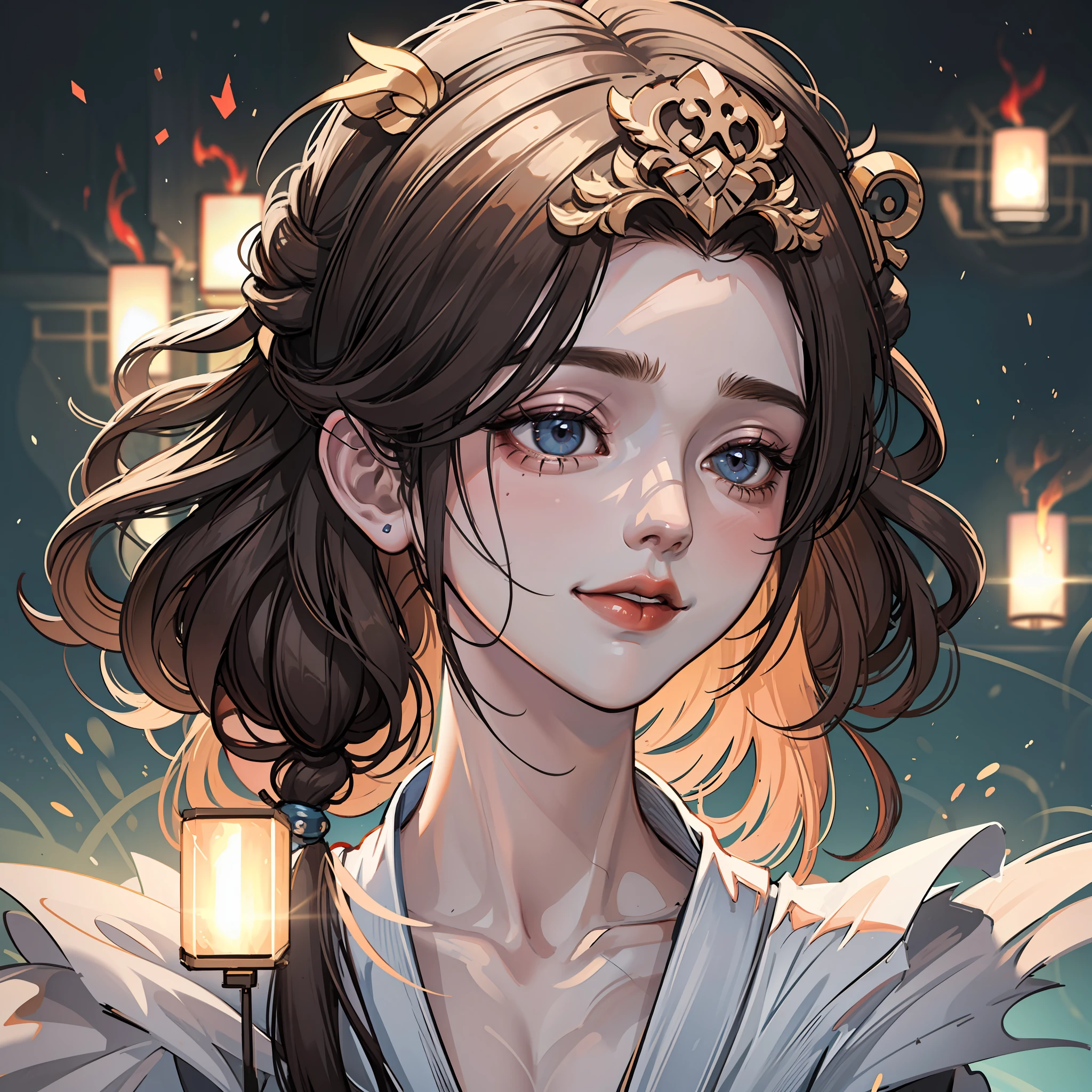 ((best qualtiy)), ((tmasterpiece)), (the detail:1.4), Ancient Chinese female figures,Red and white Hanfu，A brown-haired，fire works，lantern，ssmile，orthofacial，hdr（HighDynamicRange）,Ray traching,NVIDIA RTX,Hyper-Resolution,Unreal 5,Subsurface scattering、PBR Texture、Surface coloring、Accurate simulation of light-material interactions、perfectly proportions、rendering by octane、Two-colored light