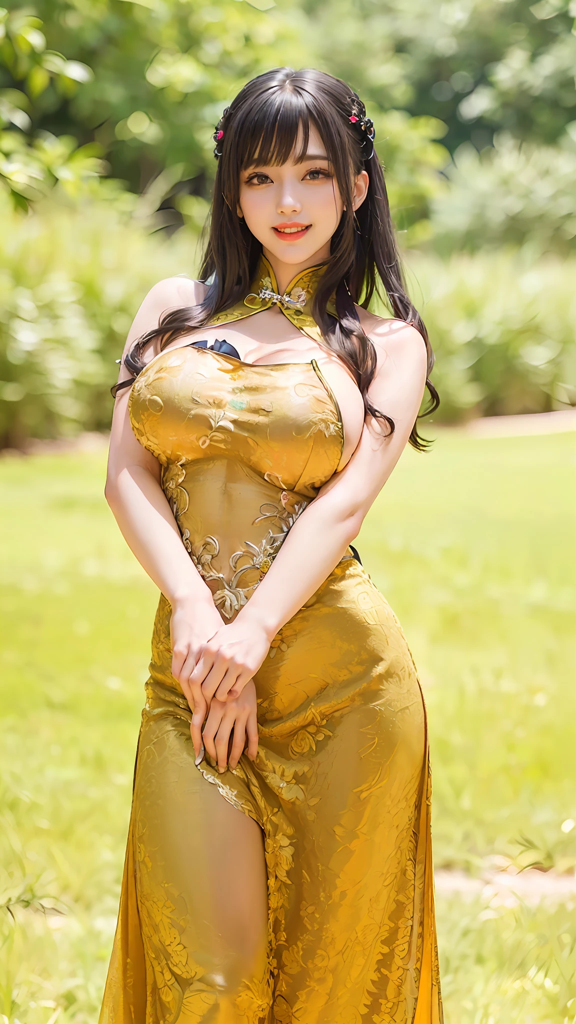 ((Best Quality, 8K, Masterpiece: 1.3)), cowboy shot, extremely Cute Beautiful Woman, 1 Girl, (Beautiful Breasts:1.3), (Abs, Slender Figure: 1.1), Sharp Focus, (((Intricate Details)), High Detail, Upper Body, One Girl, Black twin-buns Hair with bangs, chinese kanzashi, (luxury satin cleavage cut-out evening Chinese dress:1.5), lace, detailed evening dress, 8K, 8K Resolution, clean detailed face, Detailed Body, Detailed Clothes, Sharp Images, hyper-sharp image, Japan Anime Concept Art, trending on Artstation, ((looking the viewer, facing the viewer, staring the viewer:1.3)), seductive sexy pose, ((seductive smile, light smile:1.35)), pink lipstick, bokeh, field of depth, 8.5 life size, 8k resolution, (shot on EOS 5D Mark IV, 35mm lens, f1.8), (ancient Chinese Street Background, no-human simple background, detailed background), ((frame the head:1.3), detailed human hands, perfect human hands, perfect anatomy, perfect proportion, ultra-sharp focus,