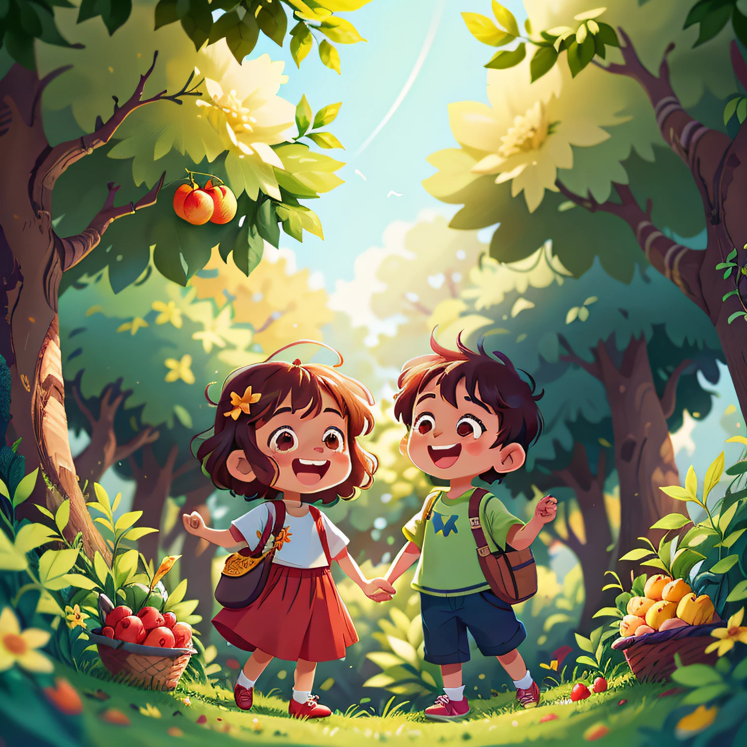 duas meninas fofas e felizes , Two happy and adventurous boys are in the orchard looking for fruits and vegetables