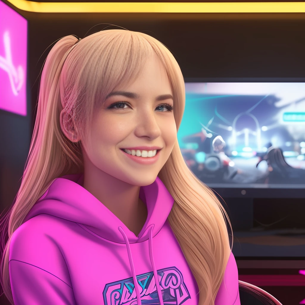 A blonde girl, smiling showing her fangs