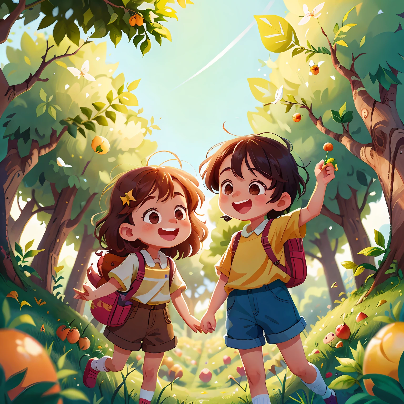 duas meninas fofas e felizes , Two happy and adventurous boys are in the orchard looking for fruits and vegetables