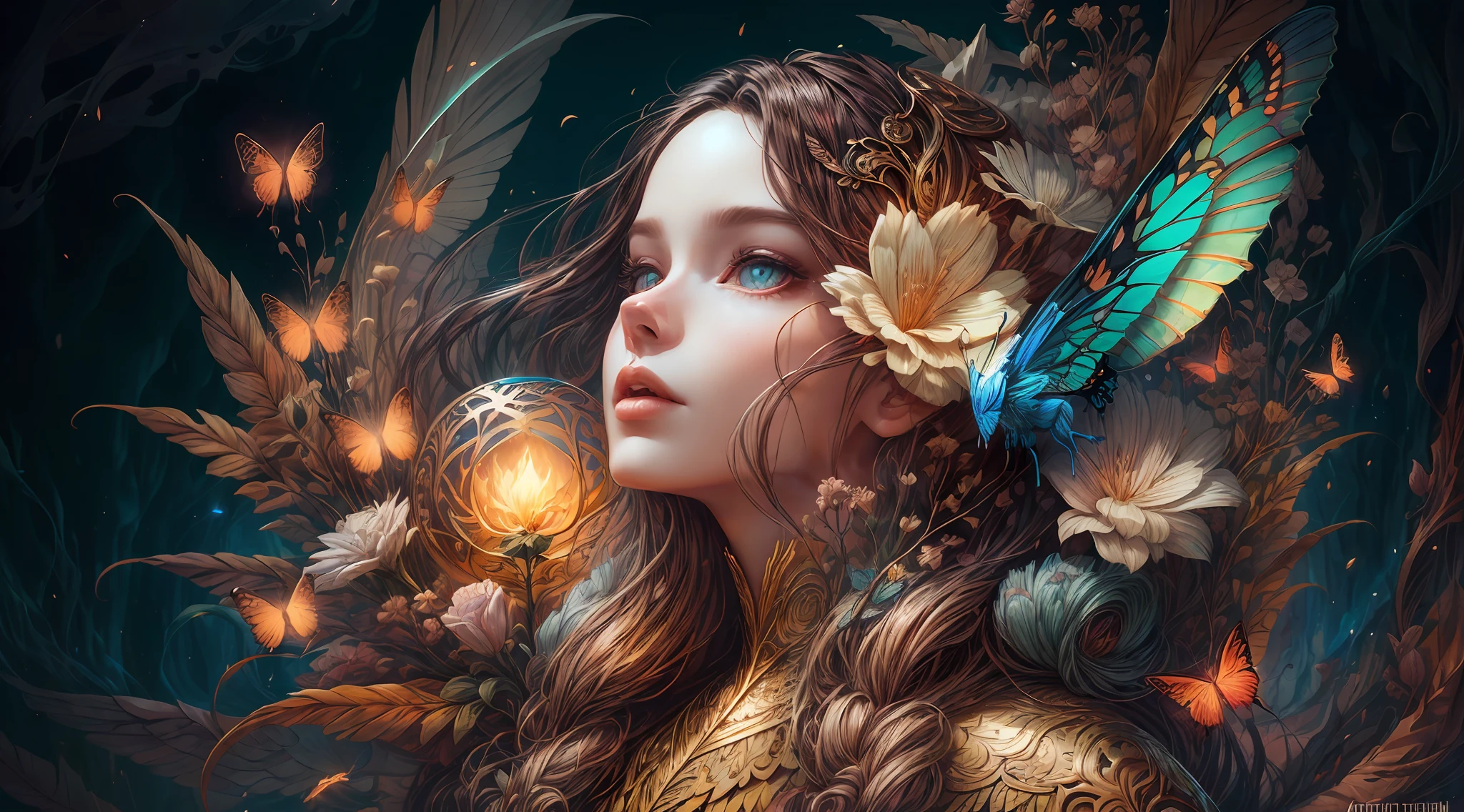 (Illustration:1.3) flathearth (by Artist Anna Dittman:1),spring, paper art, 3d rendering, colorful, beauty side face, phoenix, flowers, butterflies, lines, best quality, detailed details, masterpiece, official art, cinematic lighting effects, 4K,