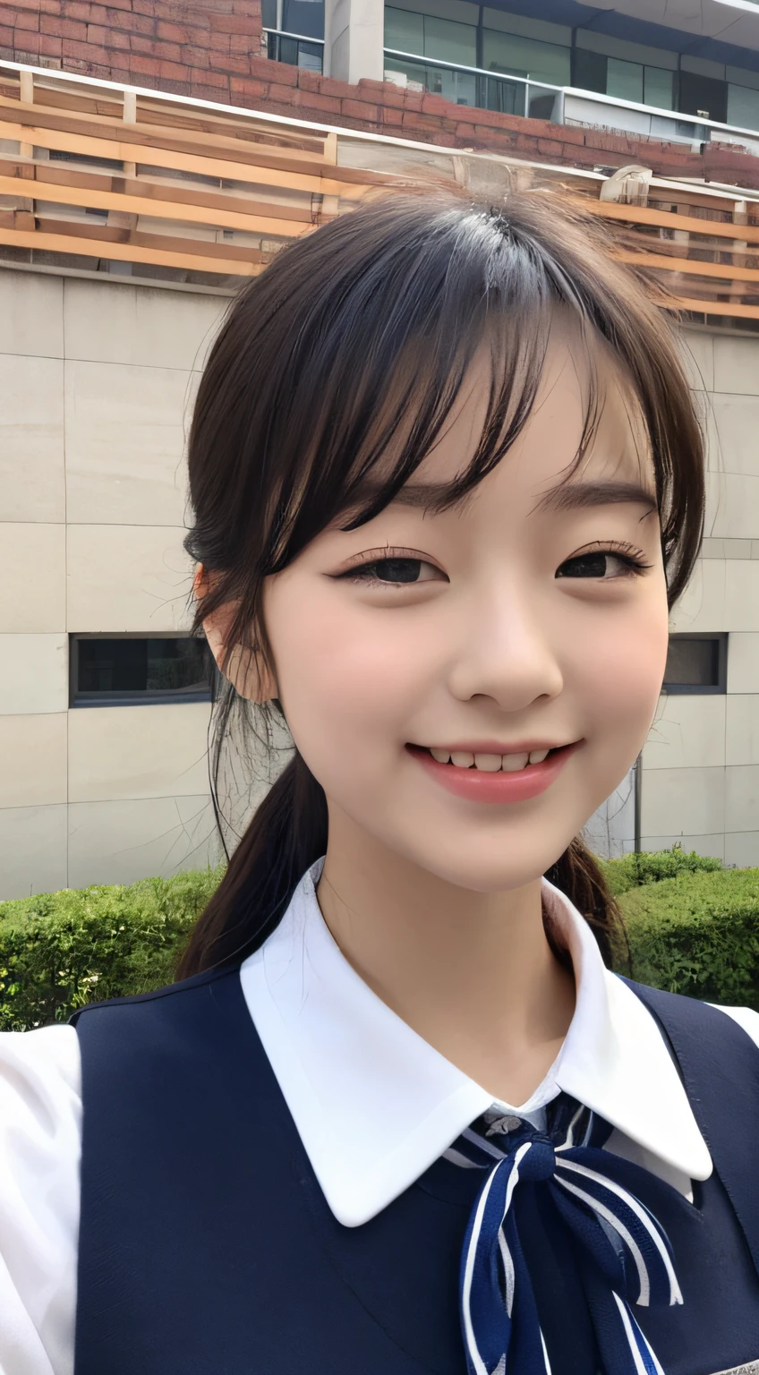 Highly detailed 8k wallpaper), sharp focus, detailed, dramatic, delicate and beautiful schoolgirl, white shirt, navy blue ribbon collar, dark blue pleated micro mini, sexy, smile, peek at the viewer, graphics beautiful, bright school building, full of students, show the whole body,.