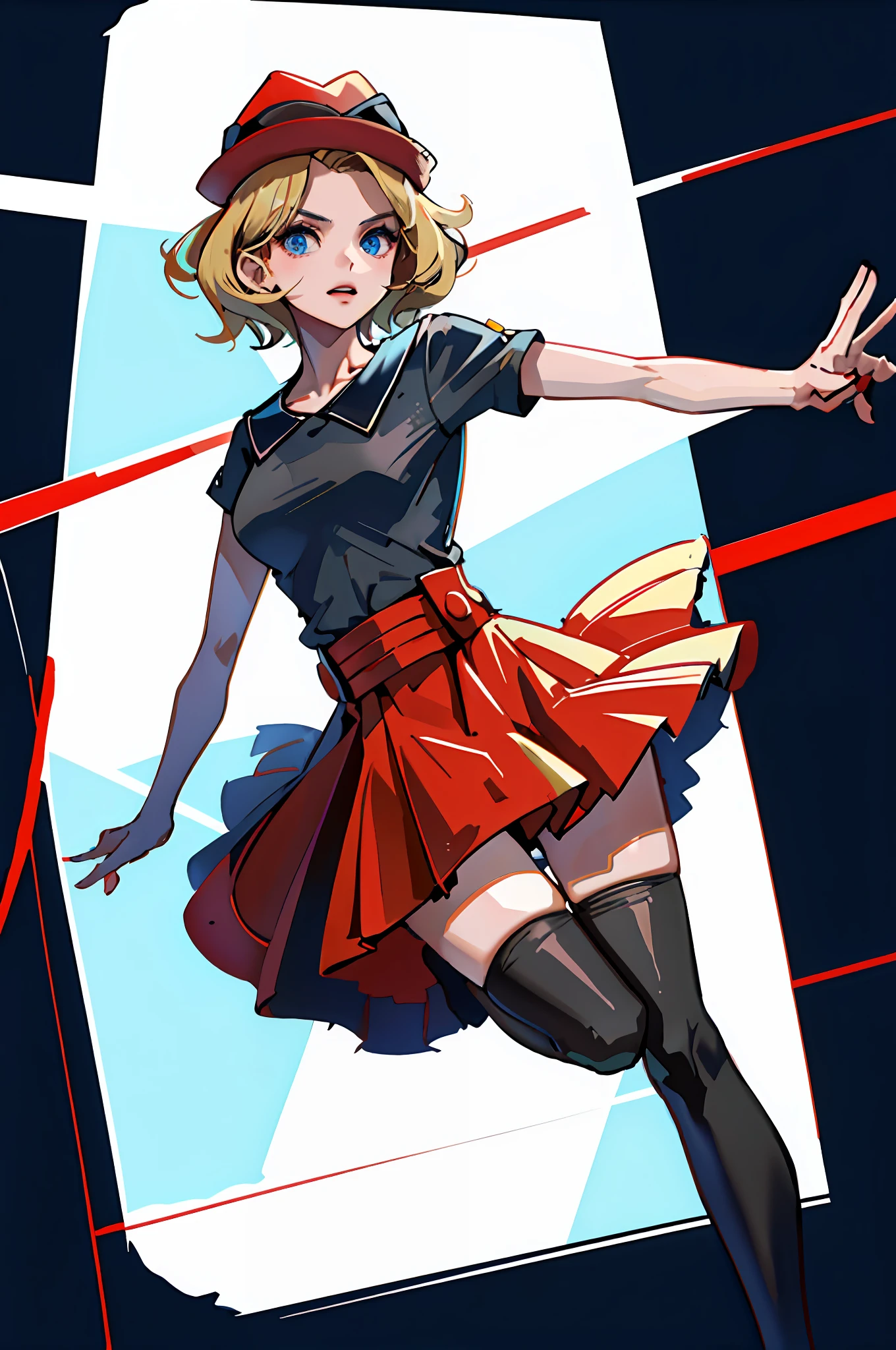 (masterpiece:1.2, best quality), 1girl, solo, short hair, blonde hair, blue eyes, red hat, black T-shirt, black thighhighs, red dress, room, sexy