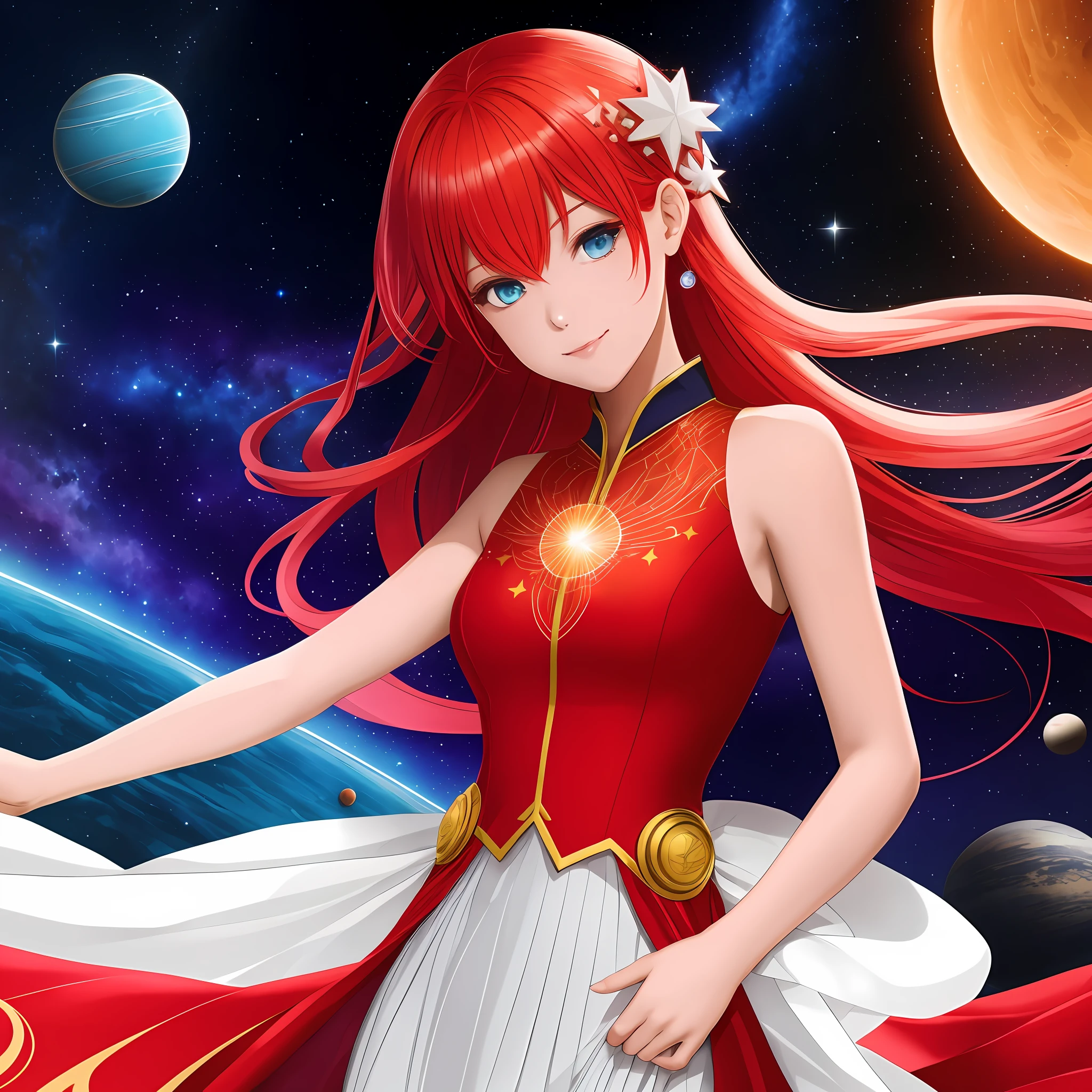 Gorgeous solar system，Colorful，gloom，a beauty girl，astral，flowing emanation，ssmile，Red and white hair color，With a faint starlight，Tang suit ，Mechanical gloves，Bigchest