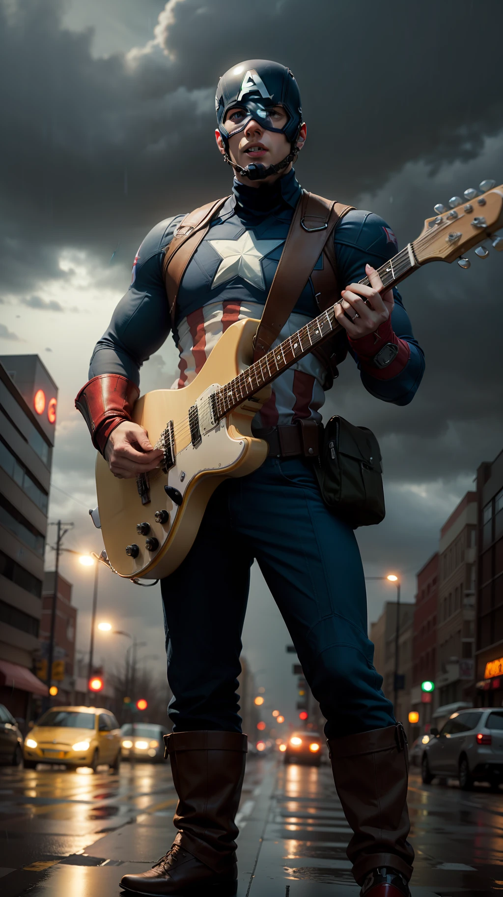 rainy sky，captain america plays a guitar at an intersection