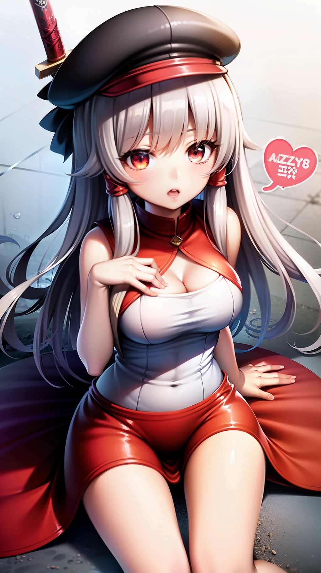 anime girl in a red hat and white dress with a sword, white haired deity, splash art anime loli, zerochan art, alchemist girl, high detailed official artwork, reisen udongein inaba, detailed key anime art, from the azur lane videogame, artistic render of reimu hakurei, gapmoe yandere grimdark