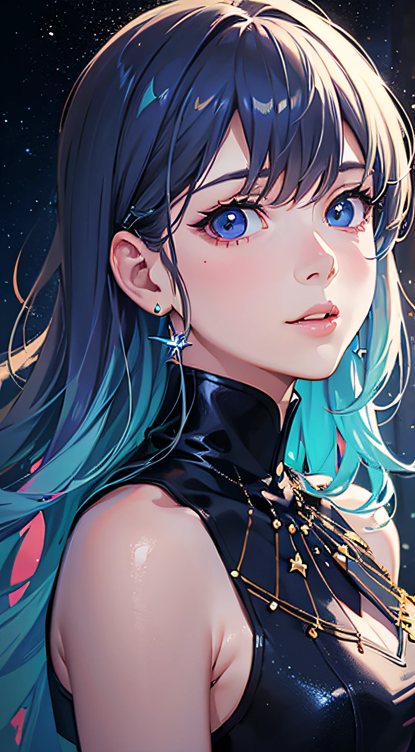 Pixiv artwork, exquisite (live-action realistic style), extreme face, blow-bombable skin, photorealistic light and shadow, starry eyes, seven-colored hair, shiny jewelry, colorful paint splashed background, dressed fashion, upper body out of the country, shoulders, front, beautiful, extremely high quality, cinematic picture