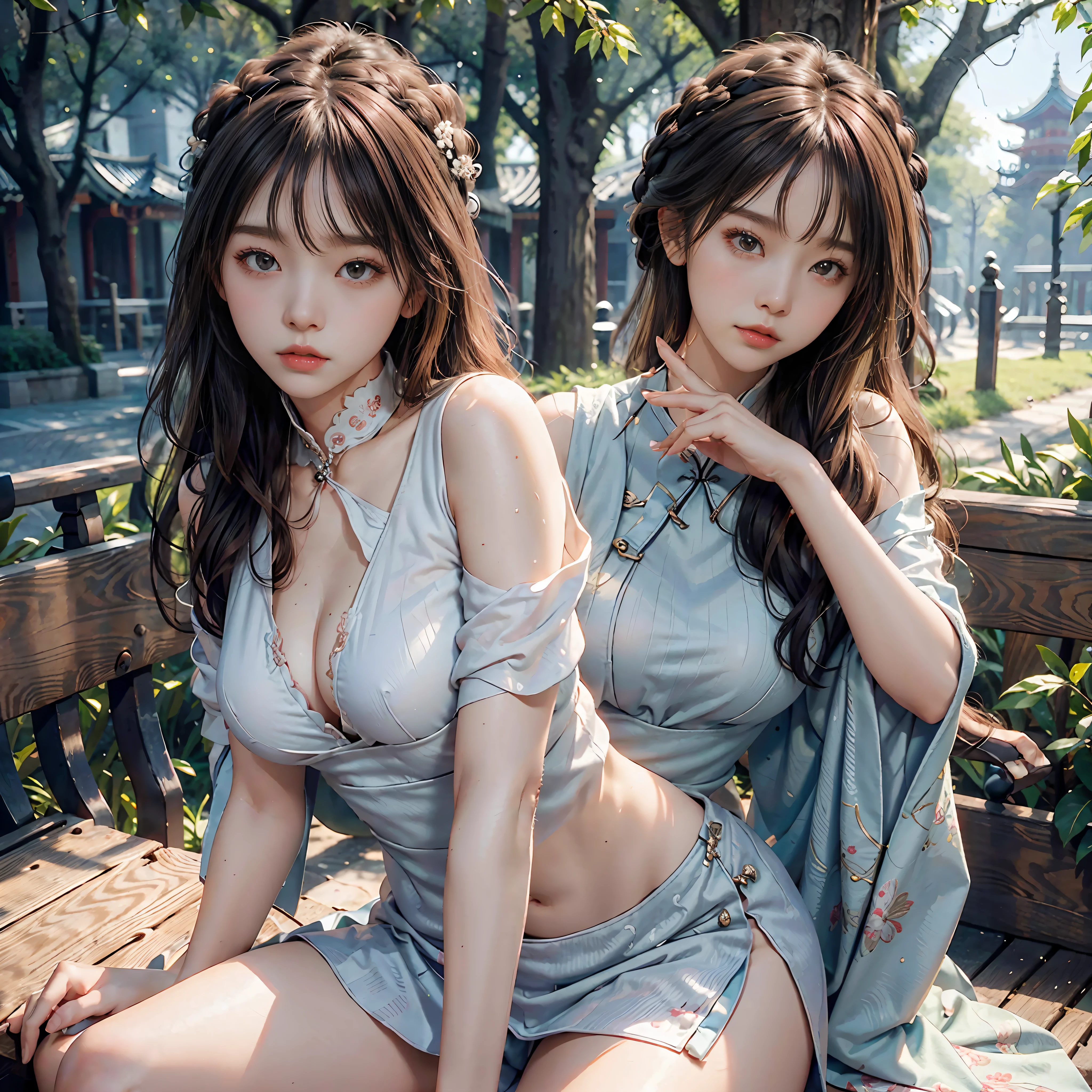 A perfect masterpiece,realisticlying,8K,超高分辨率,Perfect image,Perfect detailing,Very detailed facial details,detailed hairs,Perfect light,Perfect halo,perfect shadow,Pink cheeks。
(Look ahead)Mature female in her 20s,lovely and delicate,with dynamism,Wear a Chinese cheongsam(torn laundry),Long hair with a shawl,Hair is braided on both sides,Seductive eye,Tall nose,Moisturized lips,a face with perfect proportion,prefect symmetrical face,bangle,choker necklace,Slightly larger breasts,busty figure,Thin waist and wide hips,a plump buttocks,Perfect body proportion,Natural head-to-body ratios,delicate finger,Sexy groin(Rich in detail),Very consistent with human anatomy。
On a bench in the park,sitted,Place your left hand between your legs,Place the index and middle fingers of your right hand in your mouth,Breathtaking。
It is surrounded by Chinese-style buildings,full body shot of,depth of fields,dramatic shot,dyna,perfect shot,Naturally beautiful。