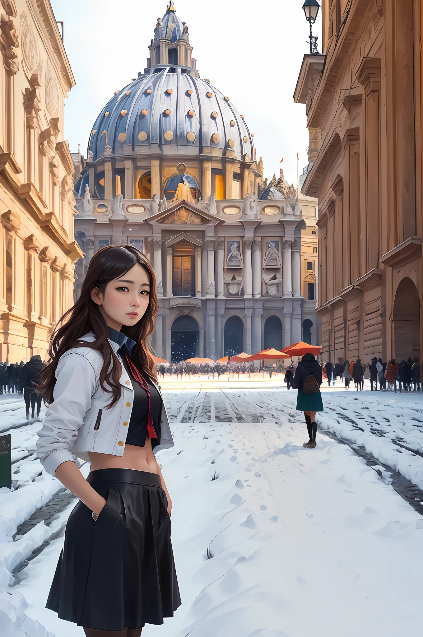 (Positive focus),2girls,duo,navel,(on the St. Peter's Square of Vatican,crowd,winter,snowy),Hyperrealism Female Portrait by David Hockney and Alphonse Mucha,fantasy art,photo realistic, Dynamic lighting,artstation,poster,volume illumination,Very detailed faces,4k,prizewinning,fantastic costume,Deep shadows,lowkey,cowboy lens, (Official clothing:1.4), looks at the camera, Half-body shot,((Realistic face))),
