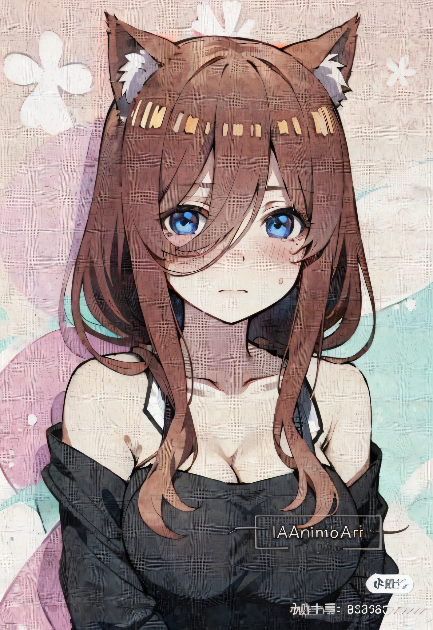 Anime girl with cat ears and black dress, Anime moe art style, anime visual of a cute girl, Anime waifu, portrait anime girl, Cute anime girl, Anime girl, An anime girl, The anime girl is named Sanjiu, (Anime girl), portrait of cute anime girl, Cute anime girl portrait, up of young anime girl, saori, Portrait of an anime girl，is shy，Remove the text in the lower-right corner，Remove text，