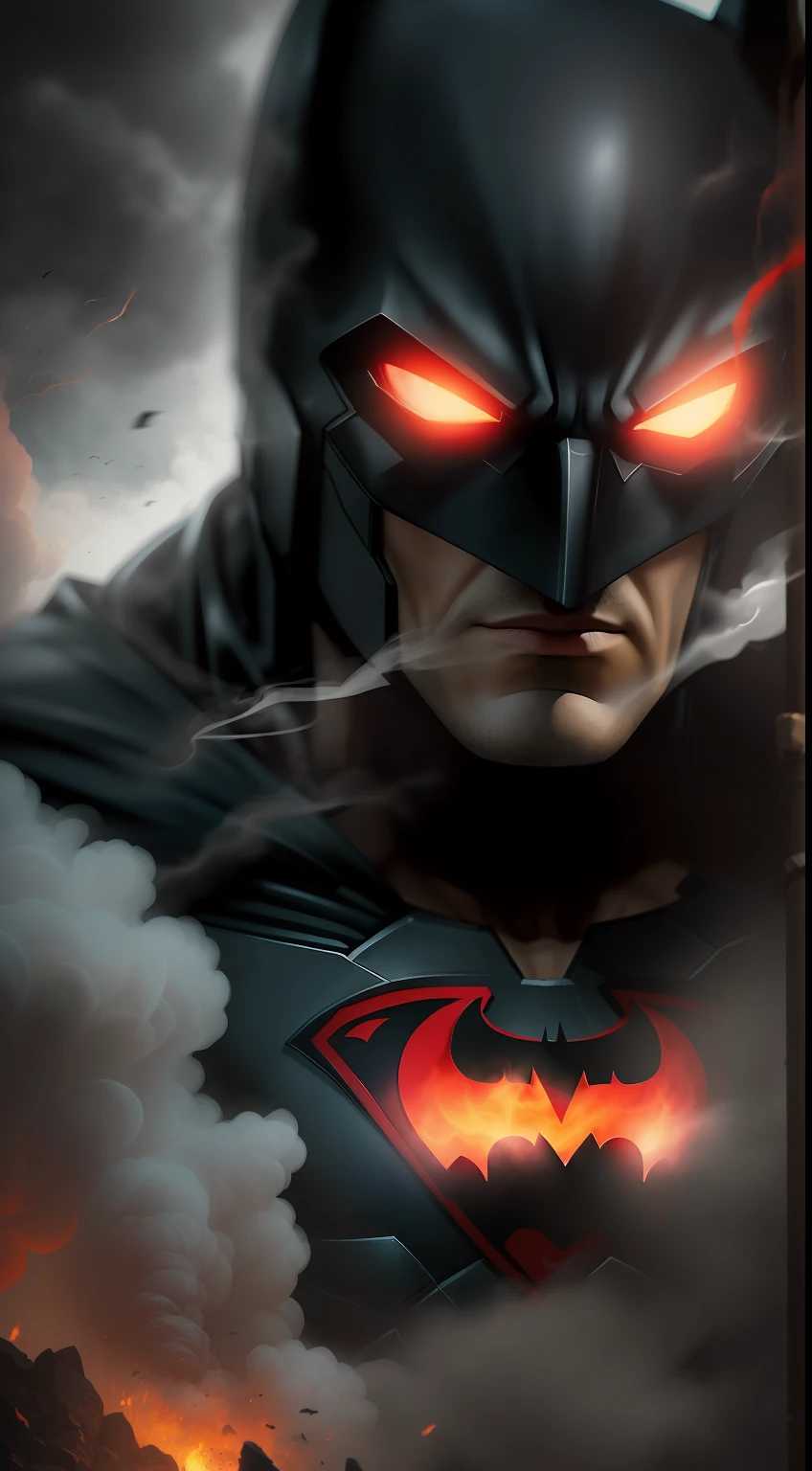 (A gloomy snapshot: 1.1), Epic Realistic, DC Comics' Armor Batman in a red smoke cloud, soft cinematic light, Adobe Lightroom, Photo Lab, HDR, an intricate, Highly detailed, (Depth of field: 1,4), hyper-detailing (Artstation: 1,4), Filmic, Warm light, Dramatic light (Complicated details: 1,1)