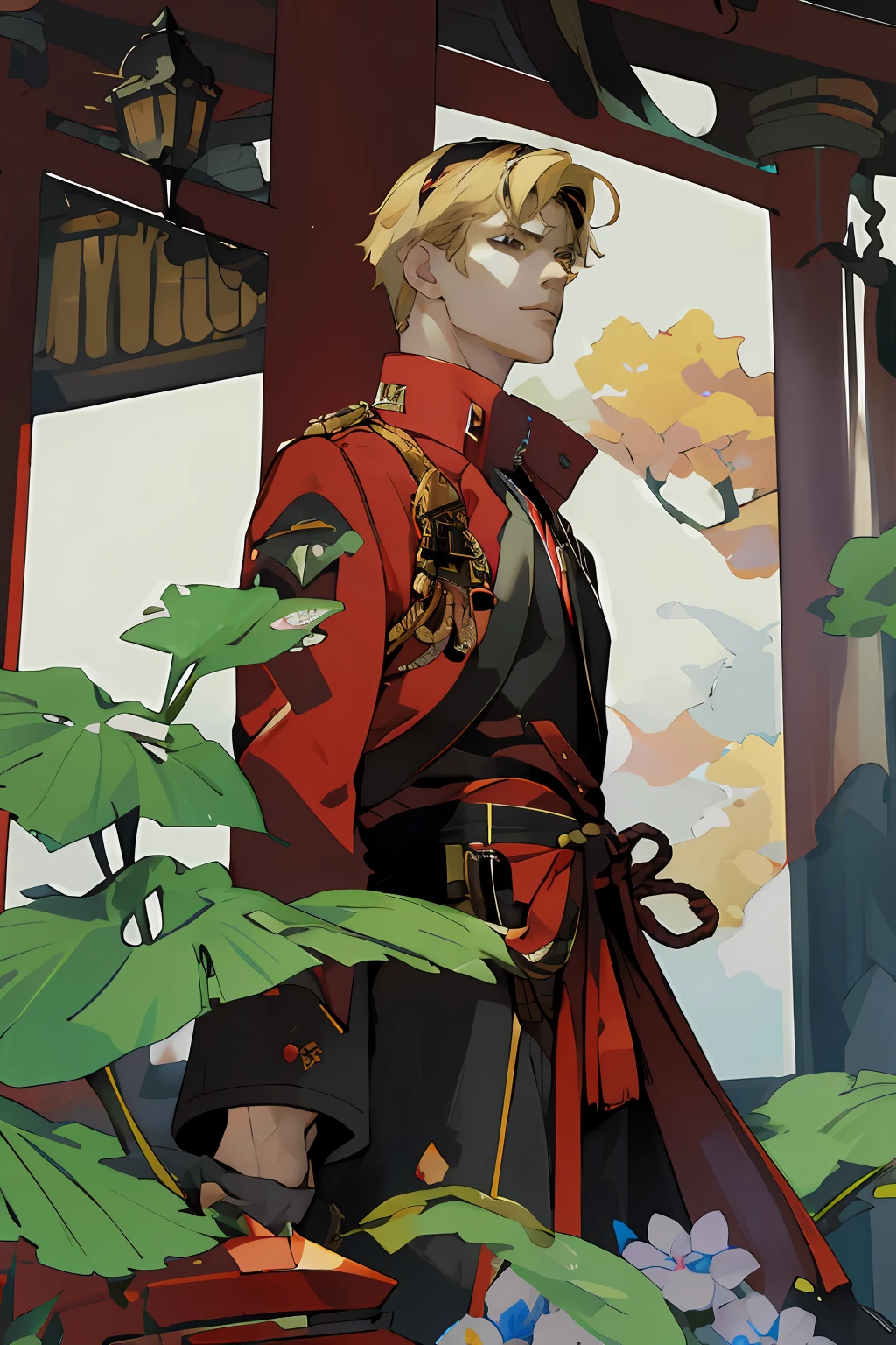 extremely delicate and beautiful, Amazing, finely detail, masterpiece, ultra-detailed, highres,best illustration, best shadow,intricate,sharp focus, high quality, 1 male solo, handsome, broad shoulders, ((blond hair)), red and black jacket, black hairband,