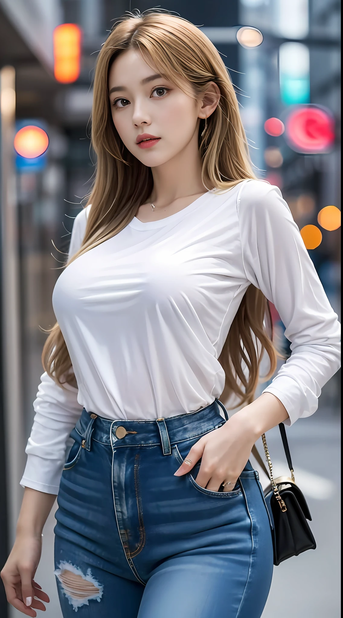 ((realistic illumination,top-quality,8K,tmasterpiece:1.3)),Clear focus:1.2,1个Giant Breast Girl,perfect figure beautiful woman:1.4,,((Long curly blonde hair,The large:1.3)),(Acceleration:1.4),(exteriors,the night:1.1),the street,Slender face,Long narrow eyes,二重まぶた,Big breasts that expose the,Incredibly Ridiculous res,messy hair,Floating hair,(Blue long-sleeved T-shirt,Long jeans,:1.2)Fashion model pose,