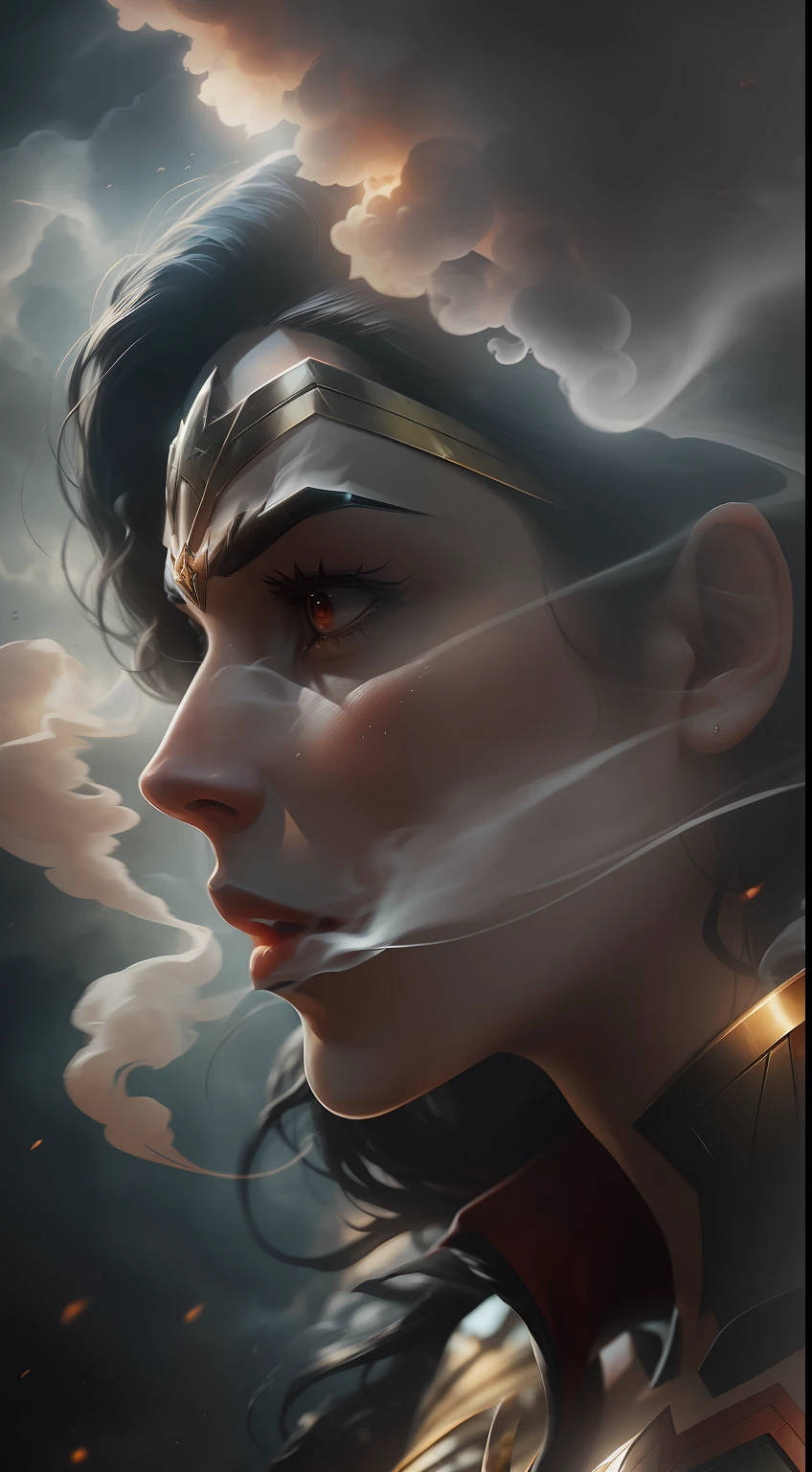 (A gloomy snapshot: 1.1), Epic Realistic, Venom Wonder Woman in a Red Cloud of Smoke from DC Comics, soft cinematic light, Adobe Lightroom, Photo Lab, HDR, an intricate, Highly detailed, (Depth of field: 1,4), hyper-detailing (Artstation: 1,4), Filmic, Warm light, Dramatic light (Complicated details: 1,1)