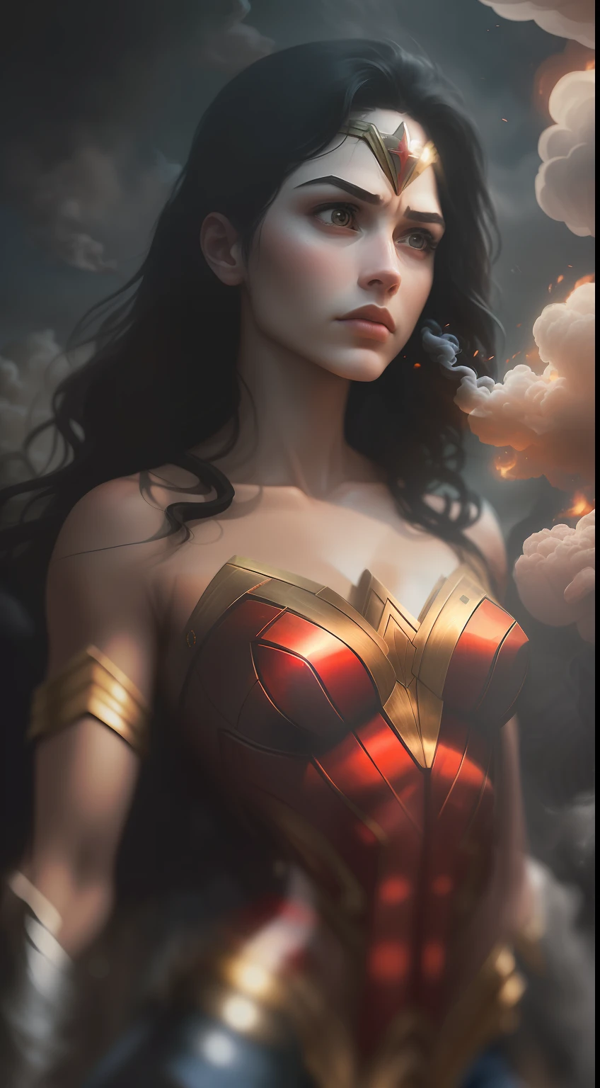 (A gloomy snapshot: 1.1), Epic Realistic, God Wonder Woman in a Red Cloud of Smoke from DC Comics, soft cinematic light, Adobe Lightroom, Photo Lab, HDR, an intricate, Highly detailed, (Depth of field: 1,4), hyper-detailing (Artstation: 1,4), Filmic, Warm light, Dramatic light (Complicated details: 1,1)