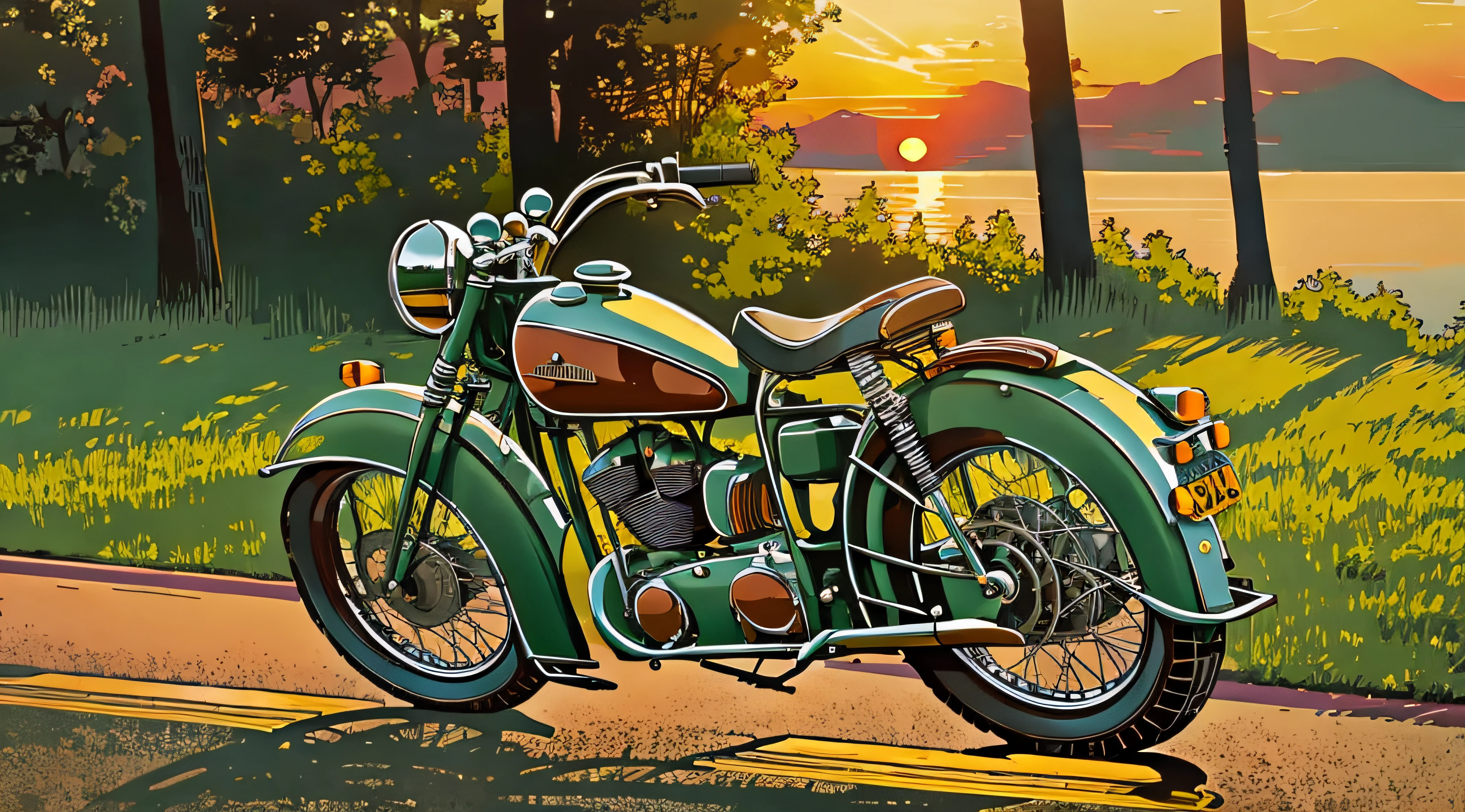 Art style tonalism, tonalism art, sunset, ultra-realistic vintage motorcycle 40s