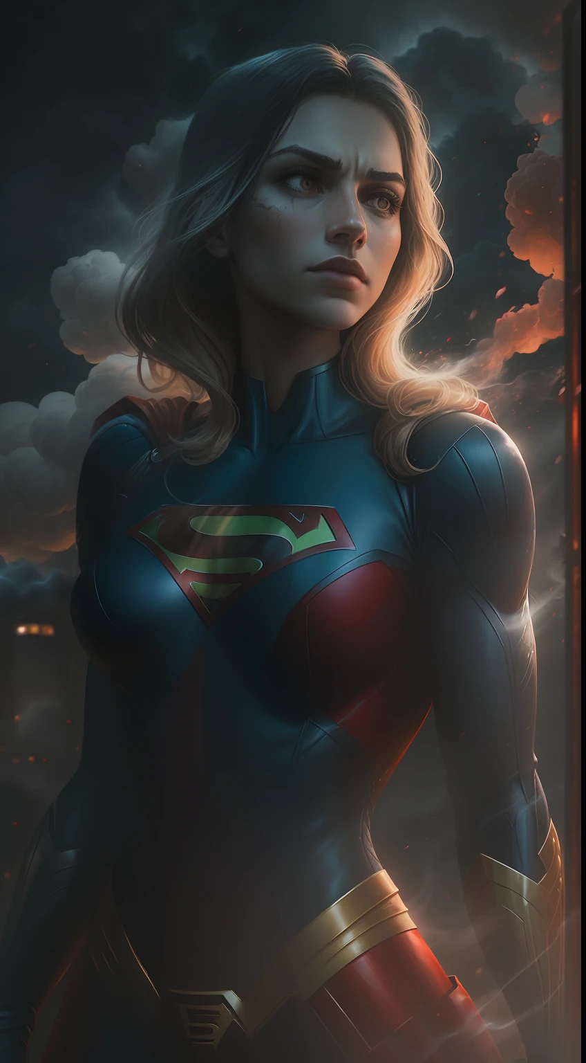 (A gloomy snapshot: 1.1), Epic Realistic, DC Comics' Venom Supergirl in a cloud of red smoke, soft cinematic light, Adobe Lightroom, Photo Lab, HDR, an intricate, Highly detailed, (Depth of field: 1,4), hyper-detailing (Artstation: 1,4), Filmic, Warm light, Dramatic light (Complicated details: 1,1)
