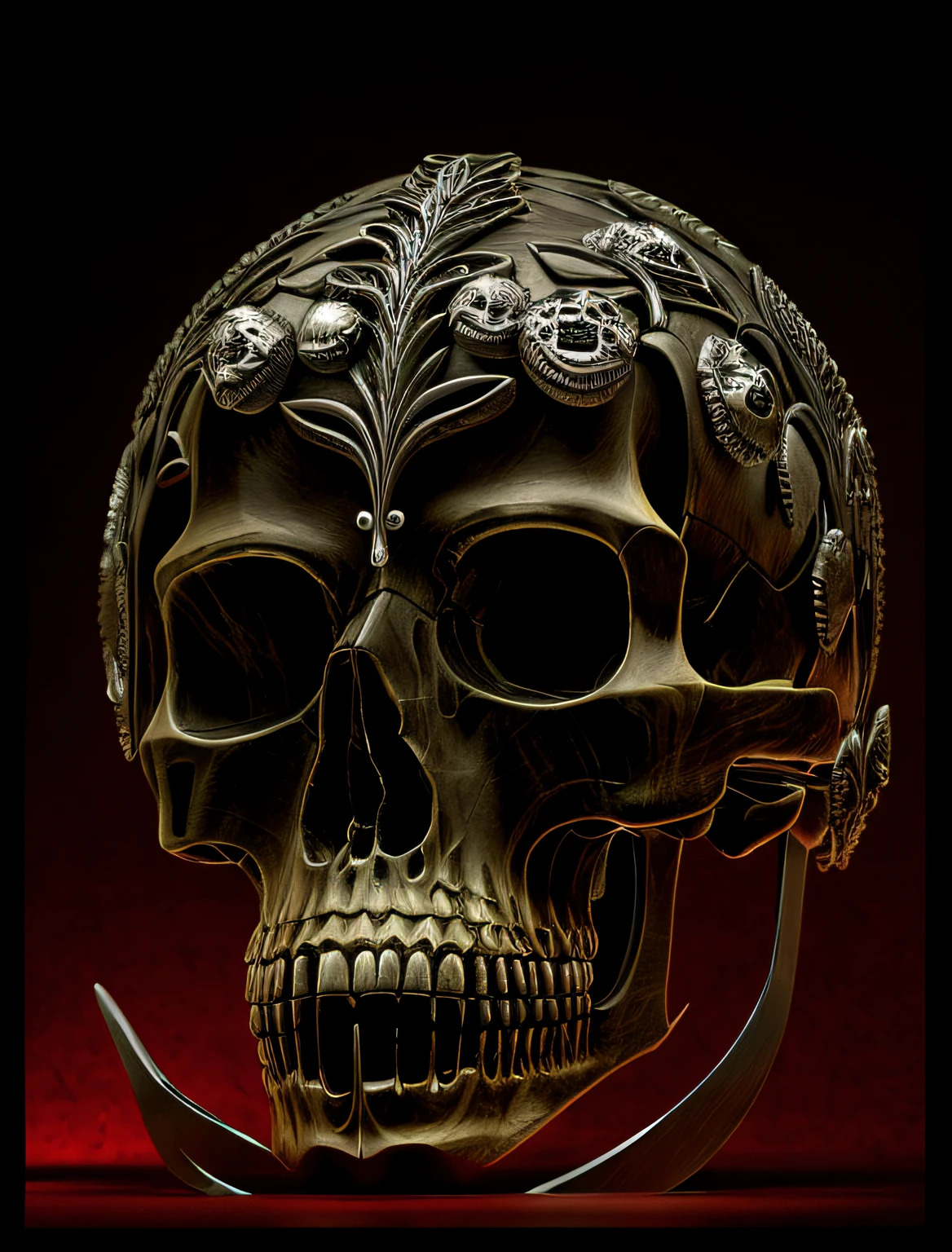 There is a skull with a crossed spine and a sword on it, fantasy skull, of spiked gears of war skulls, fiery skull contemplating life, Giger RH. 8 mil, close-up portrait goddess skull, renderizado em keyshot, crown of skulls, capacete de caveira, sacred skull, Ornate metal helmet, cocar cromado intrincado, glass skull, fundo ornamentado do giger