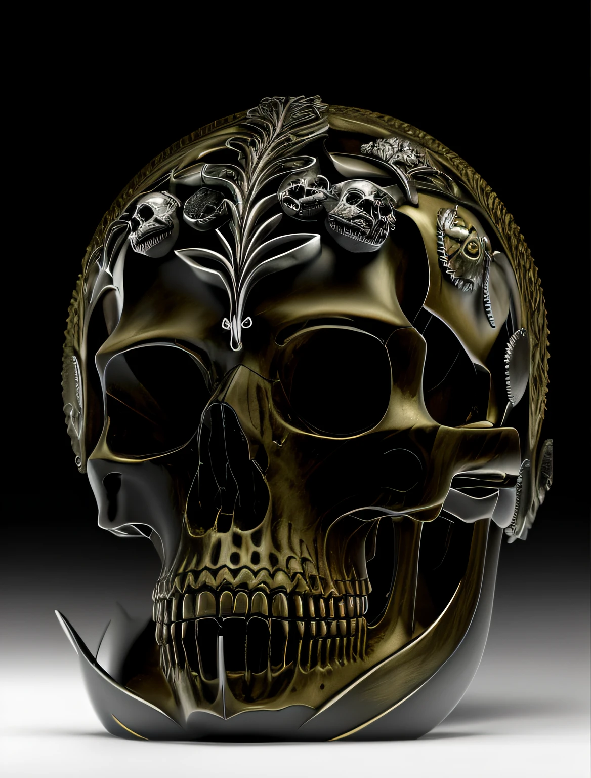 There is a skull with a crossed spine and a sword on it, fantasy skull, of spiked gears of war skulls, fiery skull contemplating life, Giger RH. 8 mil, close-up portrait goddess skull, renderizado em keyshot, crown of skulls, capacete de caveira, sacred skull, Ornate metal helmet, cocar cromado intrincado, glass skull, fundo ornamentado do giger