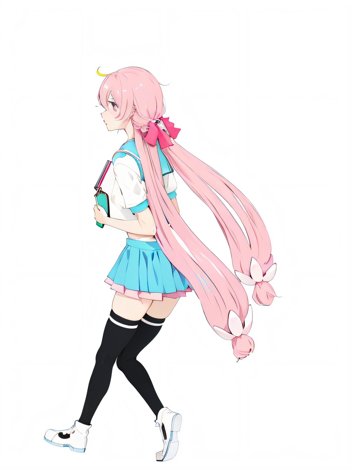 Anime girl walking with long pink hair,Holding a book, Pink two-tailed hair and pink eyes, humanoid pink female squid girl, double tails, Anime figure, An anime girl, Anime girl with long hair, Anime moe art style, anime style character, up of young anime girl, Anime girl, shirabii, style of magical girl, long bubblegum hair
