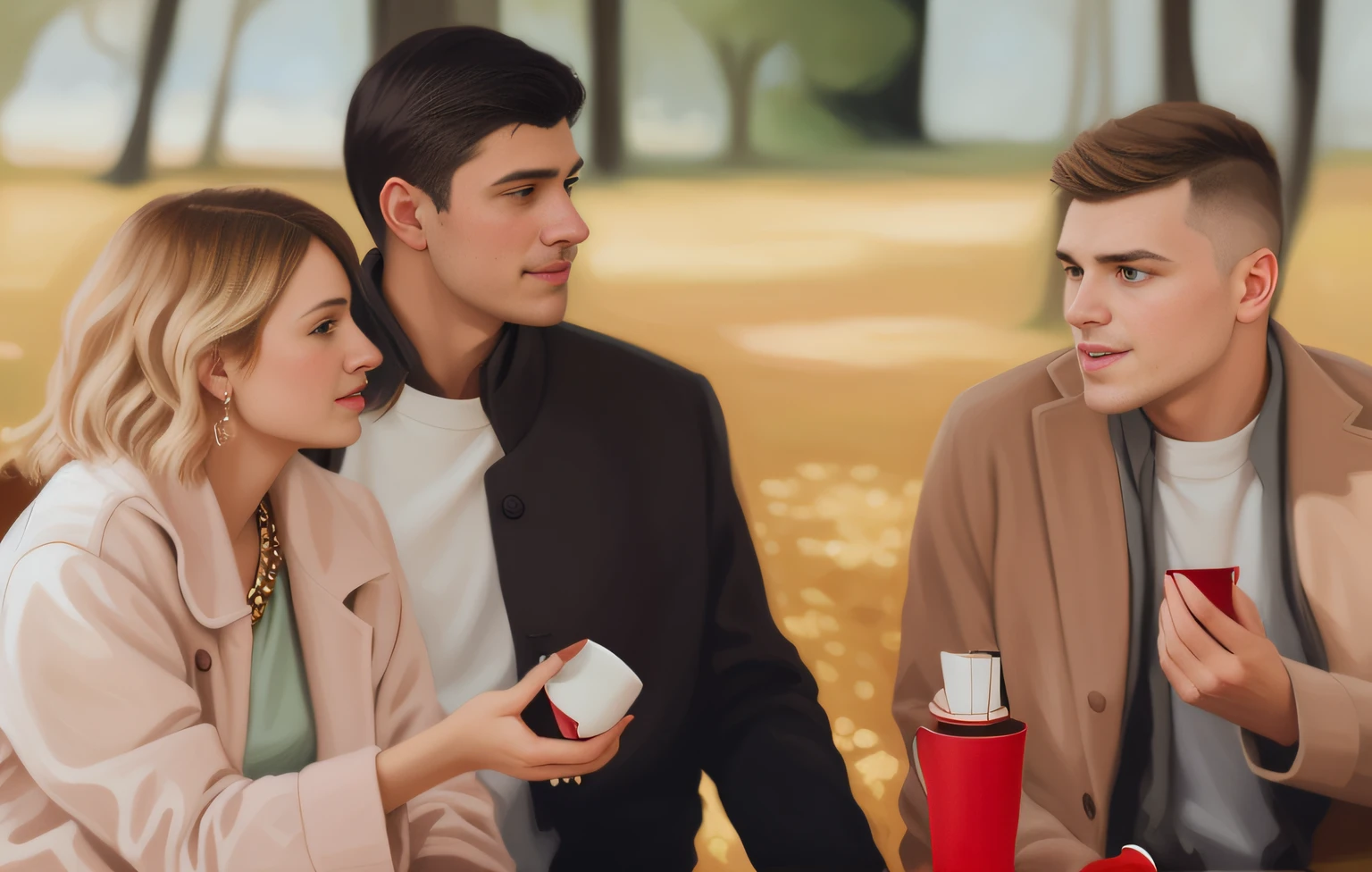 Three people sitting at a table with a red cup, by Zofia Stryjenska, beautiful painting of friends, digitalpainting, Smooth in _ inticrate background, High Quality Portrait, by Nándor Katona, in the style of oil painting, super realistic painting style, portrait shot, Professional art, Dora Kereshtes
