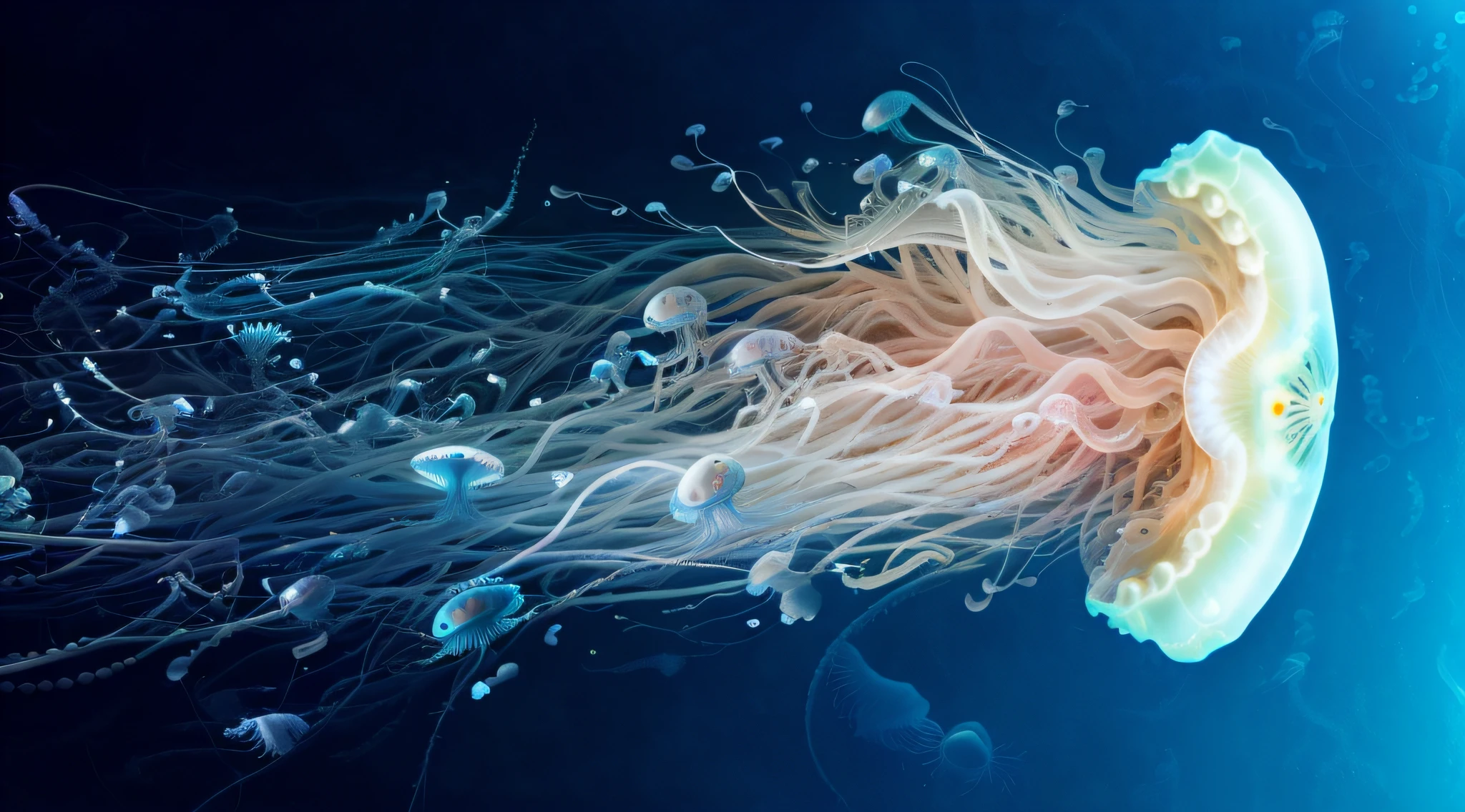 Jellyfish swimming in ocean on blue background, Hamburg mixed jellyfish, phoenix jellyfish, sublittoral jellyfish schools, jelly fish dancing, Elongated tentacles, jelly fish, sea like jelly, jellyfish, transparent jellyfish, jelly fish, jelly fish, jellyfish fractal, blue jellyfish, jellyfish pheonix, jellyfish gelatin, jellyfish pheonix, translucent glowing jellyfish, jellymeat