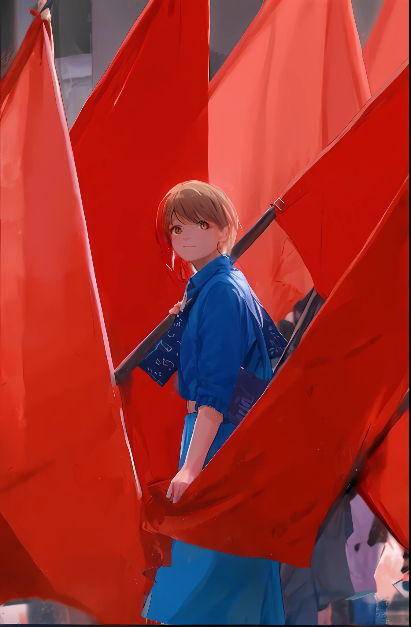 [Street parade，People waved red flags in celebration，A dazzling red pennant stood out from the crowd。A portrait of Anna Nikonova hangs in front of the procession，Color photos held high，A red banner looming in the background。The red cloth on the shoulder glows in the sun，Red flags flying，People immersed in this touching moment have fond expressions on their faces。]