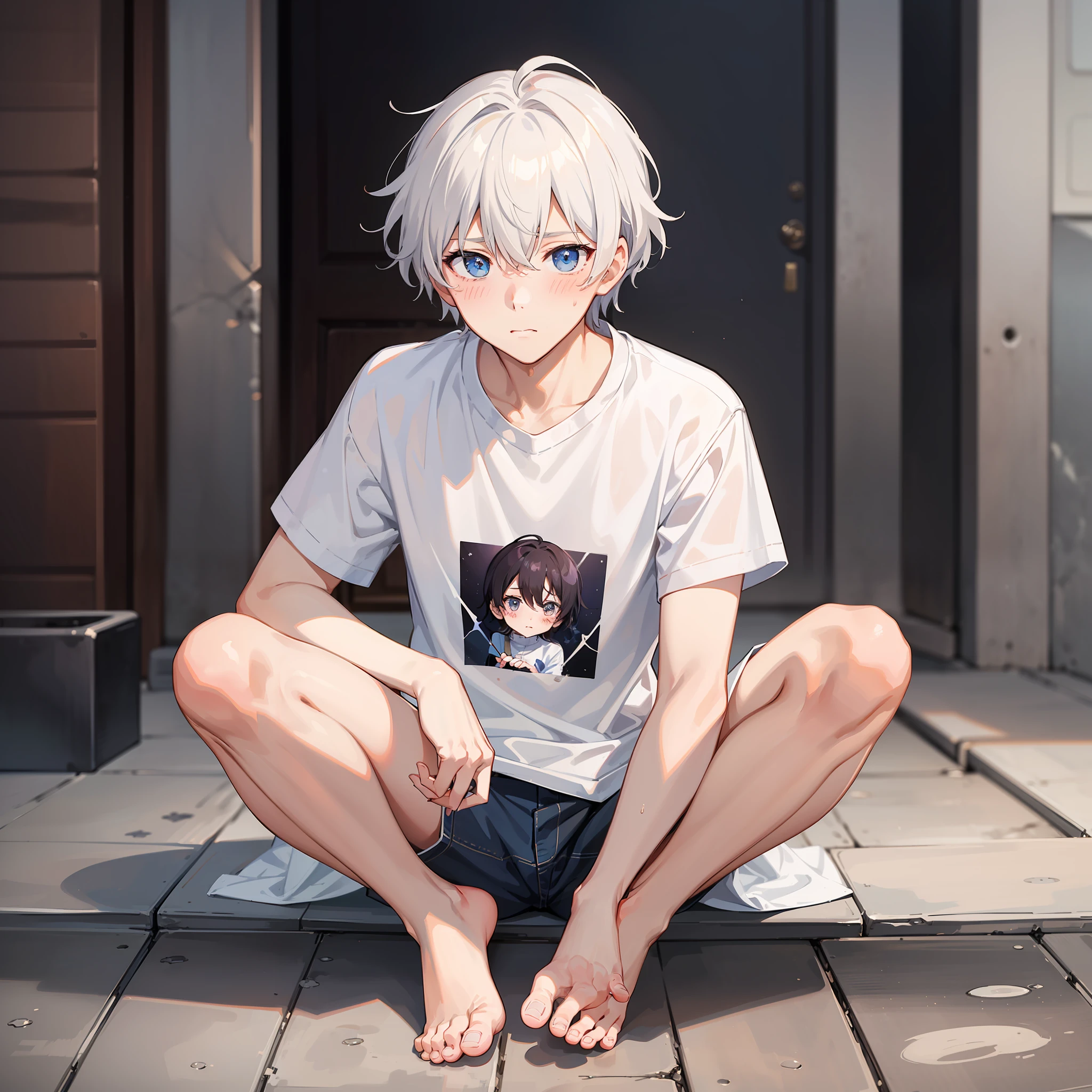 A cute and charming boy,White color hair,in a white shirt,He looked sad,Barefoot,sat on the ground。The blush gradually rises,Shy, But handsome。The picture style is fresh and simple,Rendered like a comic,The lens is shown as a vista,(Anime style+Soft cute)