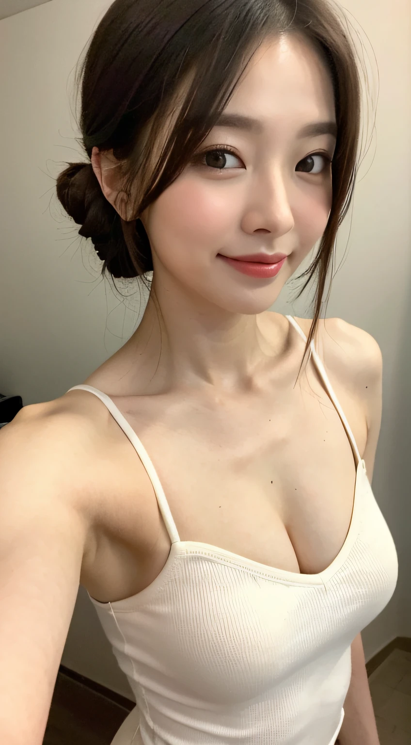 ((Best picture quality, 8K, tmasterpiece:1.3)), 1girll, Beautiful woman with slender abs:1.3, (Casual hairstyle, :1.2), Sexy low-cut dress,Ultra-fine face, A detailed eye, 二重まぶた,ssmile。Take pictures in cute poses,The figure is very bad,tiny small waist,Bigchest,Close-up,Close-up chest,White-skinned,beatiful background