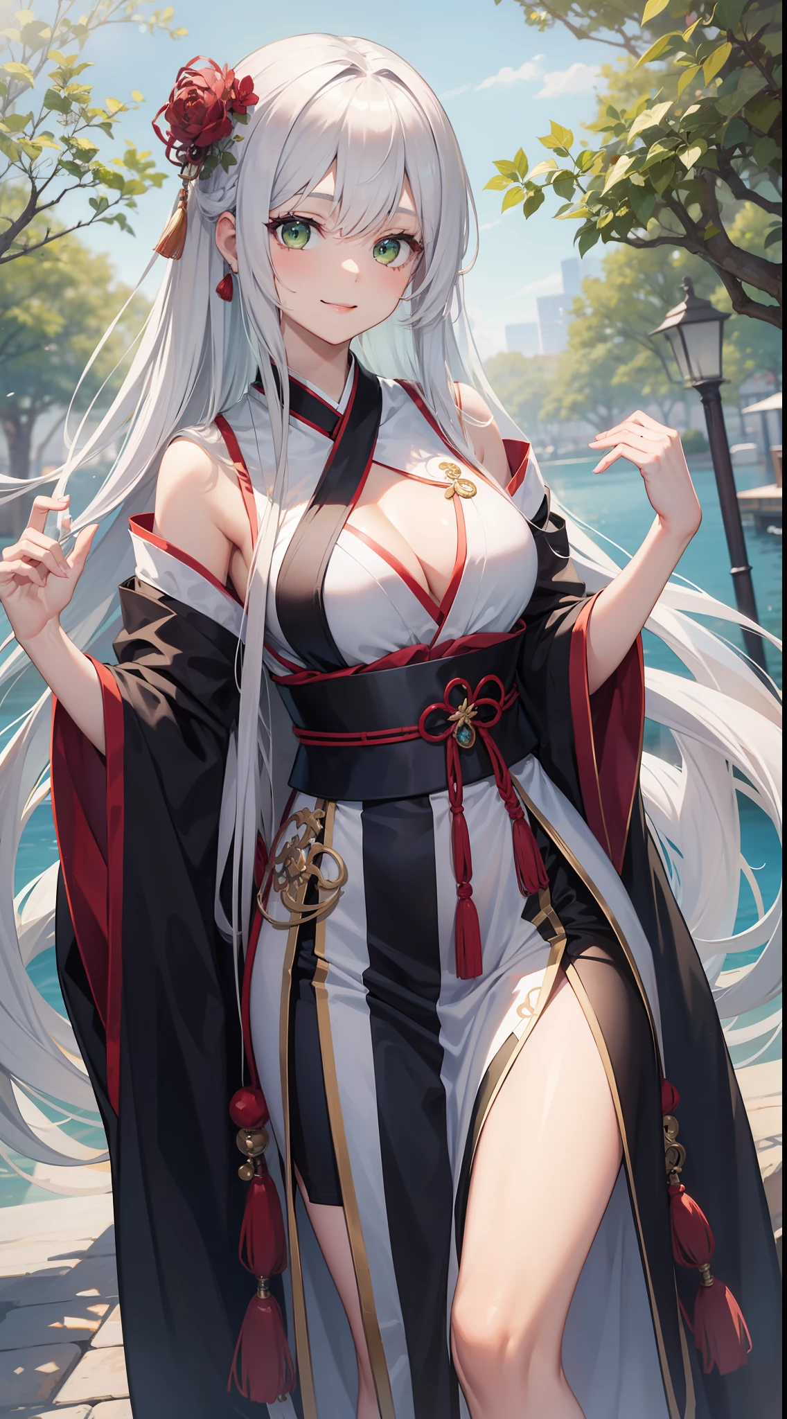 Tall girl, Long white hair, Green eyes, Hanfu, ssmile, open breasts, neckline on the chest, Masterpiece, hiquality