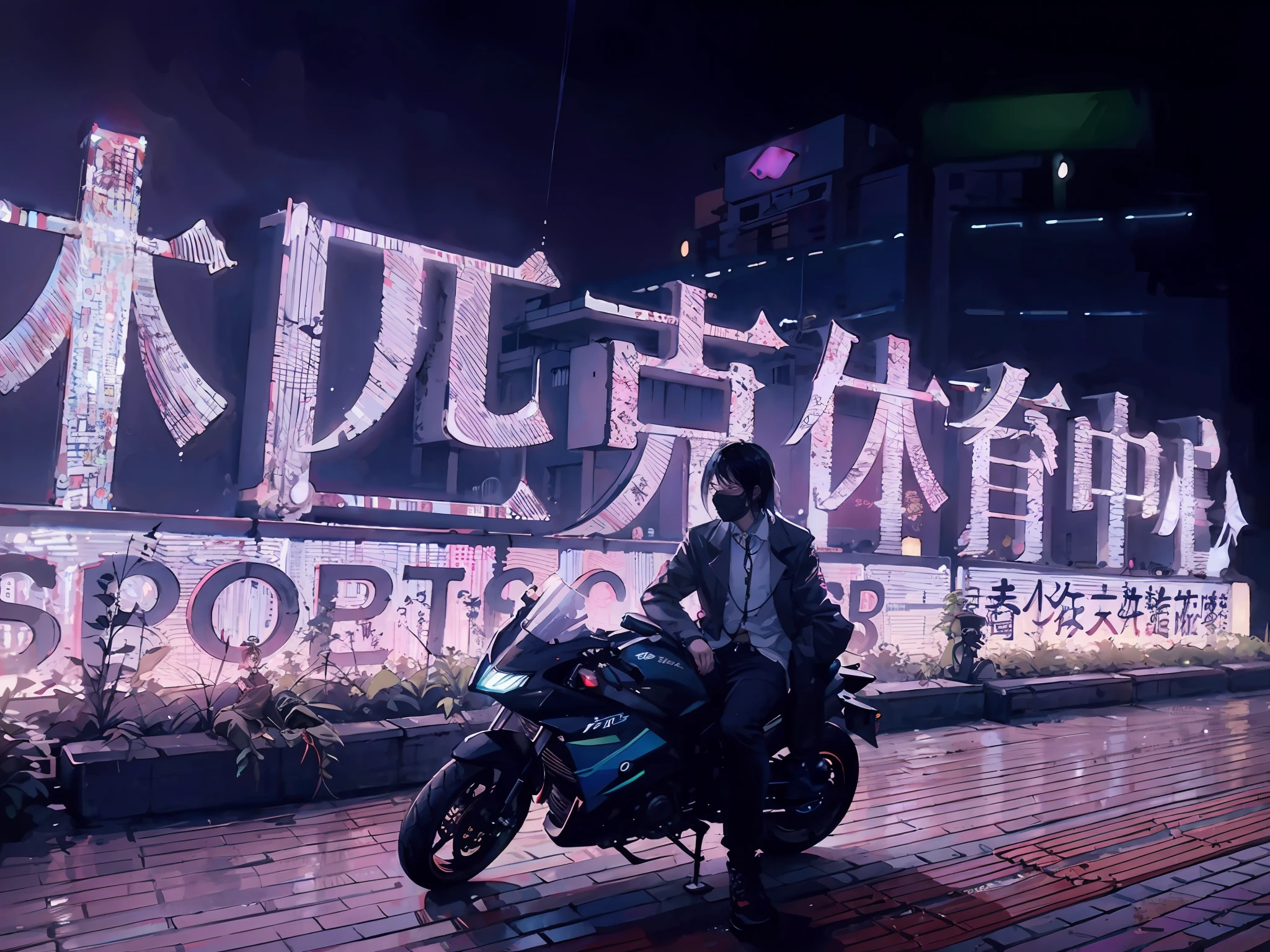 There was a man sitting in front of a sign on a motorcycle, neon signs in background, with neon signs, sitting on cyberpunk motorbike, Neon lights in the background, 🚿🗝📝, with neon lights, at future neon light rooftop, Li Zixin, inspired by Ding Yunpeng, inspired by Zhang Zongcang, at night with neon lights