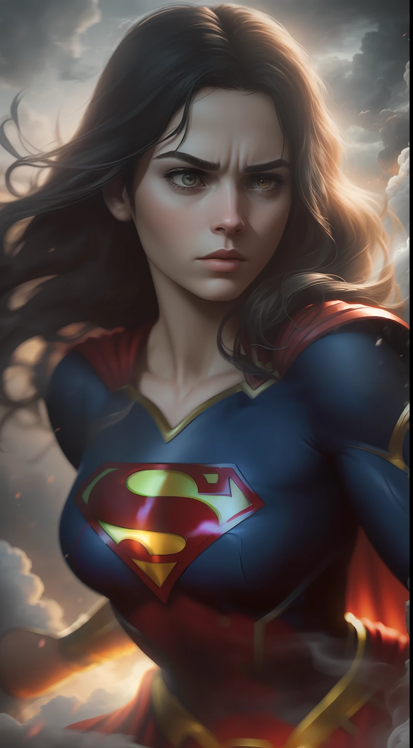 (A gloomy snapshot: 1.1), Epic Realistic, DC Comics' God Supergirl in a cloud of red smoke, soft cinematic light, Adobe Lightroom, Photo Lab, HDR, an intricate, Highly detailed, (Depth of field: 1,4), hyper-detailing (Artstation: 1,4), Filmic, Warm light, Dramatic light (Complicated details: 1,1)