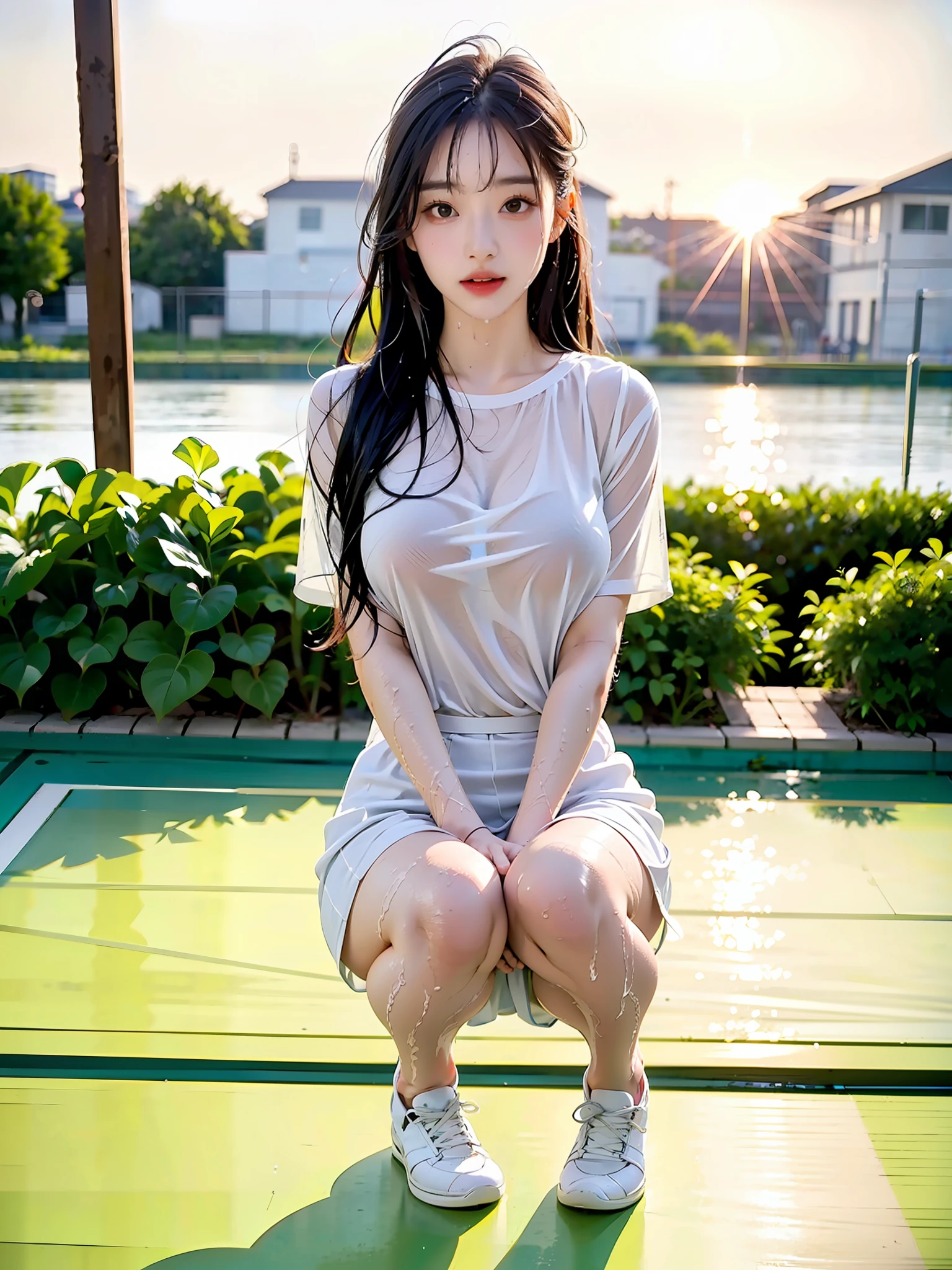 (8K, Best quality, Masterpiece:1.2), (Realistic, photo-realistic:1.37), Ultra-detailed,Best quality, 超高分辨率, Professional lighting, photon maping, Radio City, Physically-based rendering, Cinematic lighting, Clear sky,
basketball playground,Depth of field, Sharp focus,rays of sunshine, well-composed,(Bokeh:1.2)
1girll,Solo,(full body), (Closed mouth),Beautiful detailed eyes, Pose, Narrow waist, Tennis dress, Tennis skirt, tennis uniform,
Black hair,Messy hair,long hair floating in the wind,(Ulzzang-6500:1.2), pantyshot, (rained, See-through, Wet shirt, Wet hair, Wet clothes:1.2),