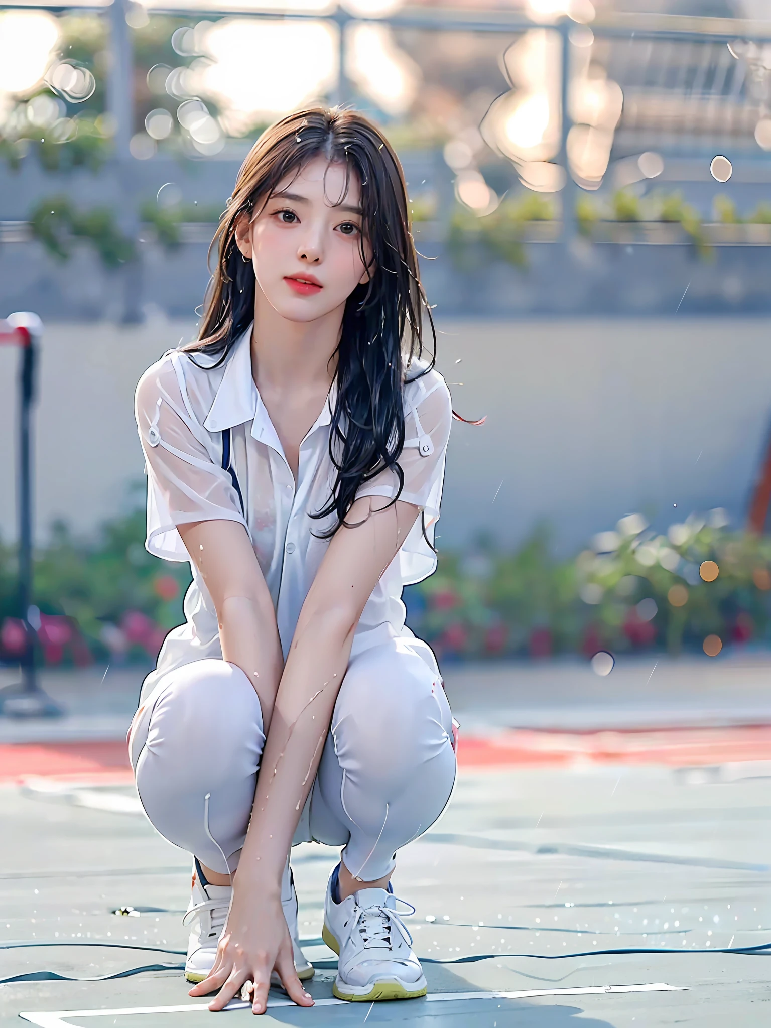 (8K, Best quality, Masterpiece:1.2), (Realistic, photo-realistic:1.37), Ultra-detailed,Best quality, 超高分辨率, Professional lighting, photon maping, Radio City, Physically-based rendering, Cinematic lighting, Clear sky,
basketball playground,Depth of field, Sharp focus,rays of sunshine, well-composed,(Bokeh:1.2)
1girll,Solo,(full body), (Closed mouth),Beautiful detailed eyes, Pose, Narrow waist, Tennis dress, Tennis skirt, tennis uniform,
Black hair,Messy hair,long hair floating in the wind,(Ulzzang-6500:1.2), blackstockings, (rained, See-through, Wet shirt, Wet hair, Wet clothes:1.2),