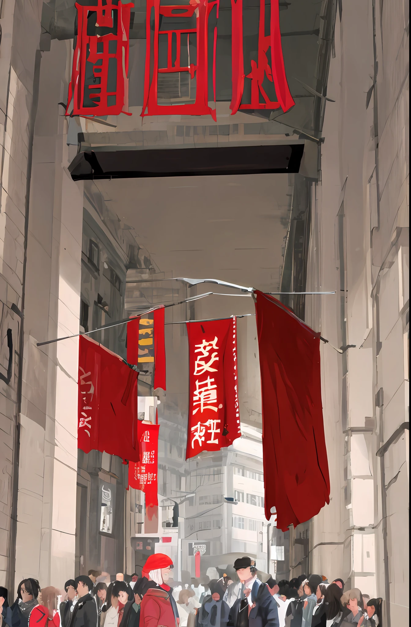 Street parade，People waved red flags in celebration，A dazzling red pennant stood out from the crowd。A portrait of Anna Nikonova hangs in front of the procession，Color photos held high，A red banner looming in the background。The red cloth on the shoulder glows in the sun，Red flags flying，People immersed in this touching moment have fond expressions on their faces，chineseidol，brunette color hair，red - eyed，long whitr hair，people