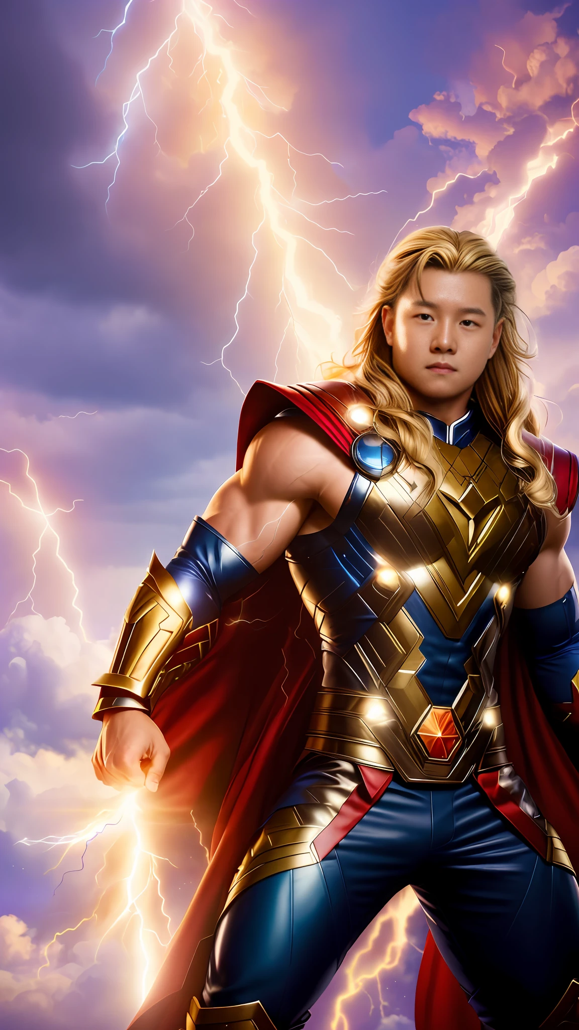 Thor is the God of Thor in the Avengers, god of thunder, god of thunder, Donald Trump as Thor, Thor, Elon Musk as Thor, Asgard German, Thor 2: Marvel movie, Starring in the Ragnarok movie, Boris Johnson as Thor, Fan art, Portrait of Chris Hemsworth, superhero portrait, author：Arthur Penn, portrait shooting, hero pose colorful city lighting