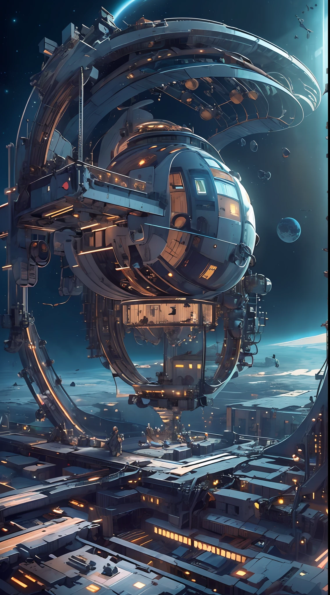 A captivating depiction of a space station floating in the vast expanse of the universe, (stunning cosmic backdrop), (detailed spacecraft design), (realistic rendering), (impressive scale and proportions), (futuristic architecture), (attention to scientific accuracy), (intricate mechanical details), (immersive lighting effects), (awe-inspiring sense of vastness), trending on ArtStation, (trending on CGSociety), (showcasing the wonders of space exploration), (evokes a sense of technological advancement), (highly detailed space environment), (impressive attention to texture and materials), (depiction of astronauts or extraterrestrial life), (conveys a sense of tranquility and awe), (capturing the beauty and mysteries of the cosmos), (skillful portrayal of depth and perspective),vortex,houtufeng,The wreckage of a giant space ship